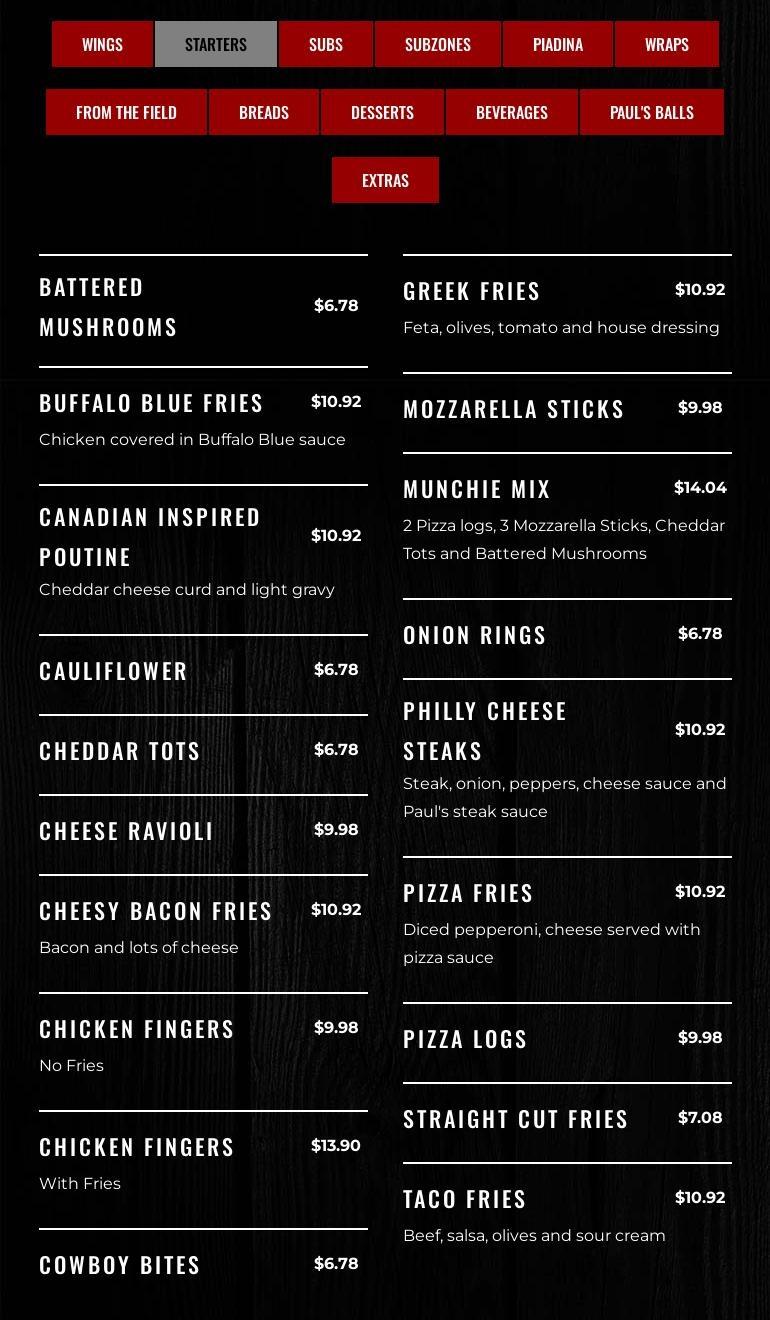 Pizza Paul's Menu