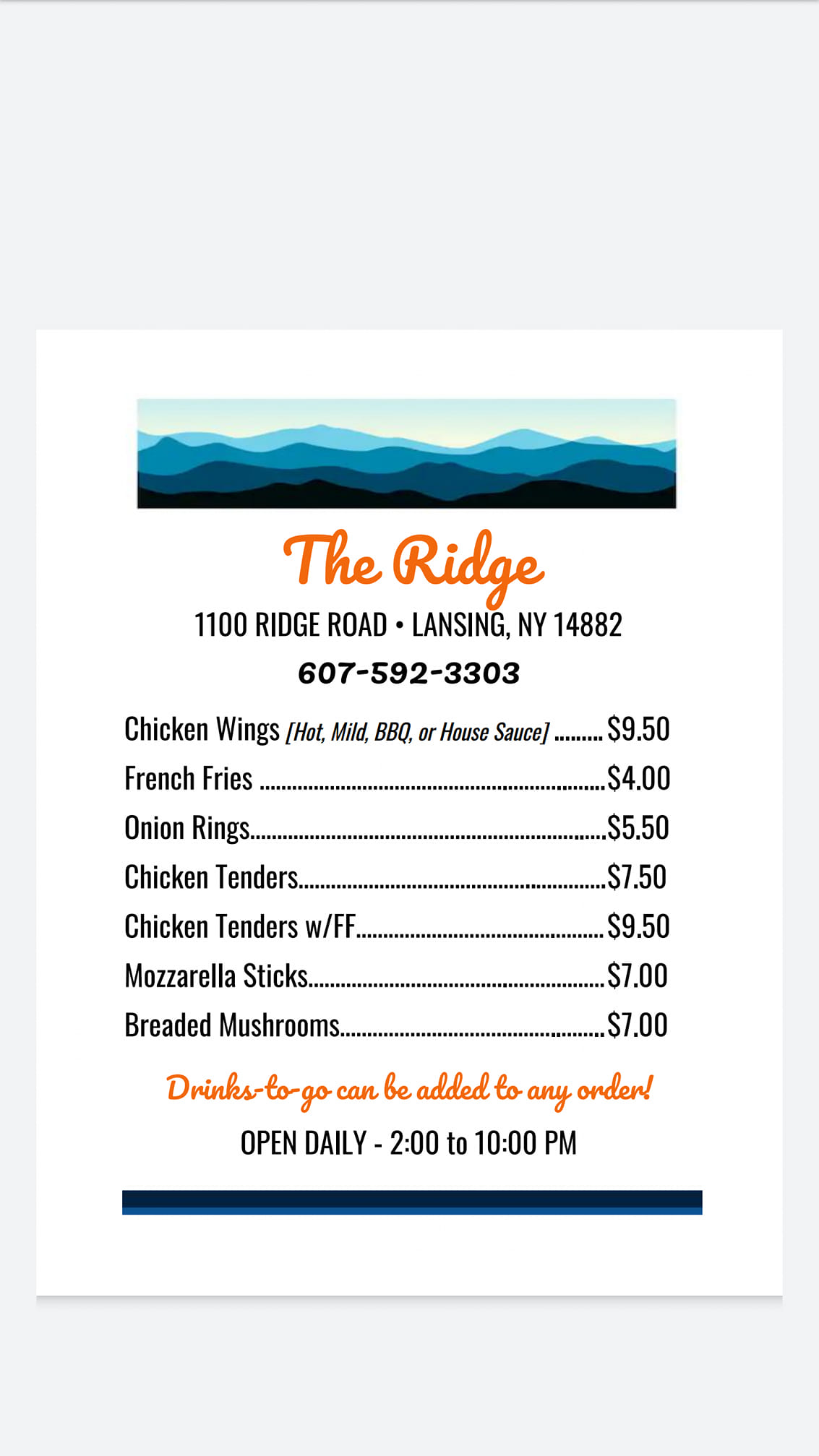 At the Ridge Menu