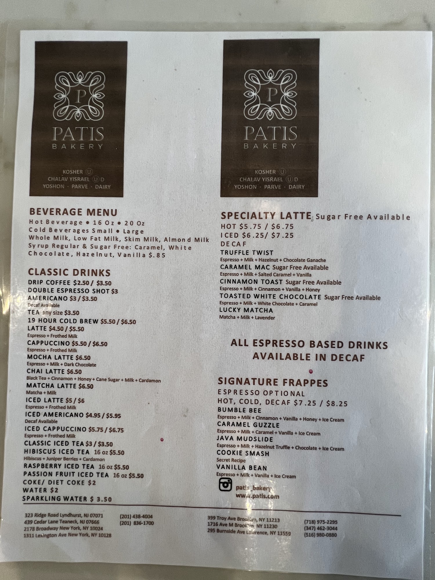Patis Bakery Menu