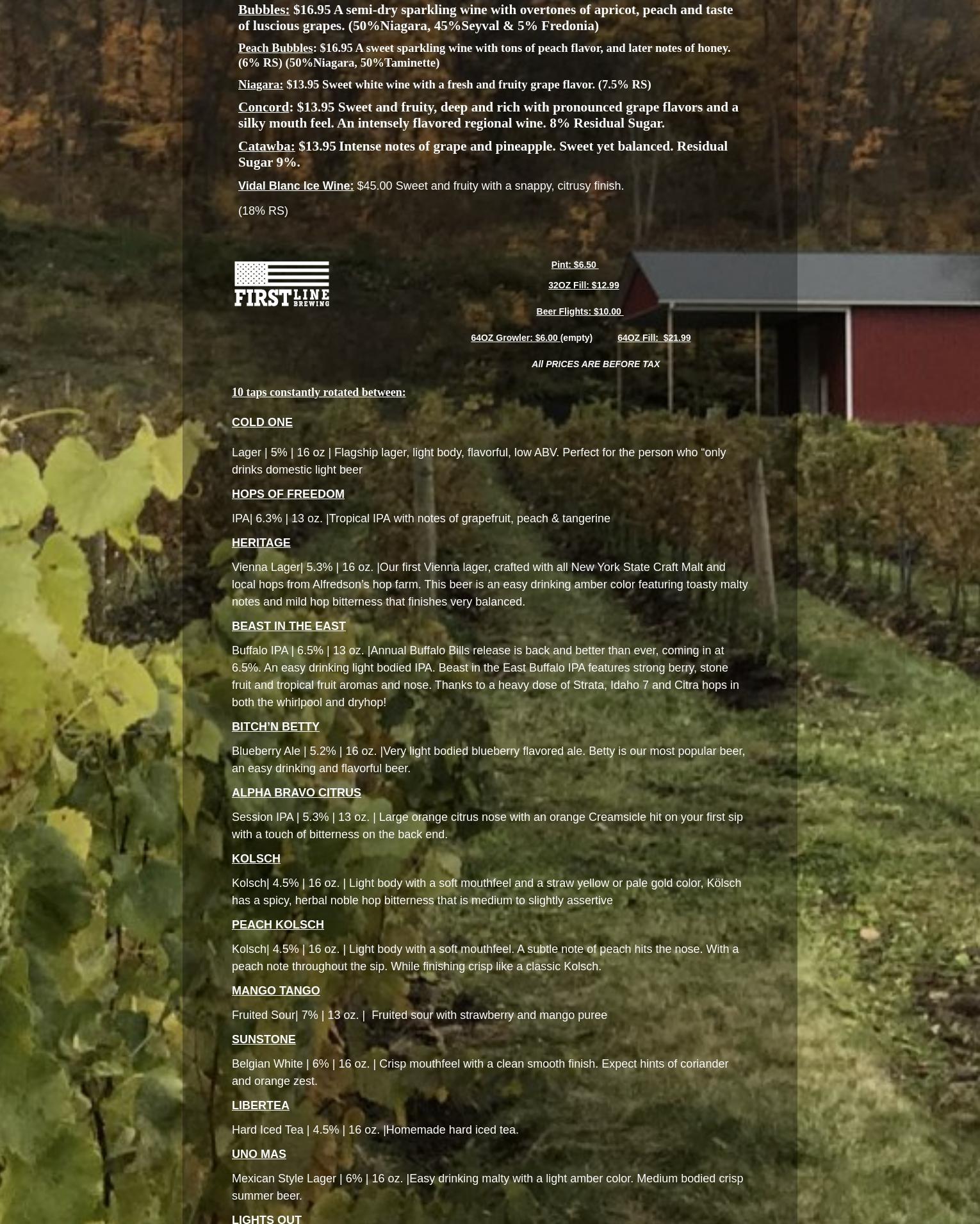 Bella Rose Vineyard & Winery Menu