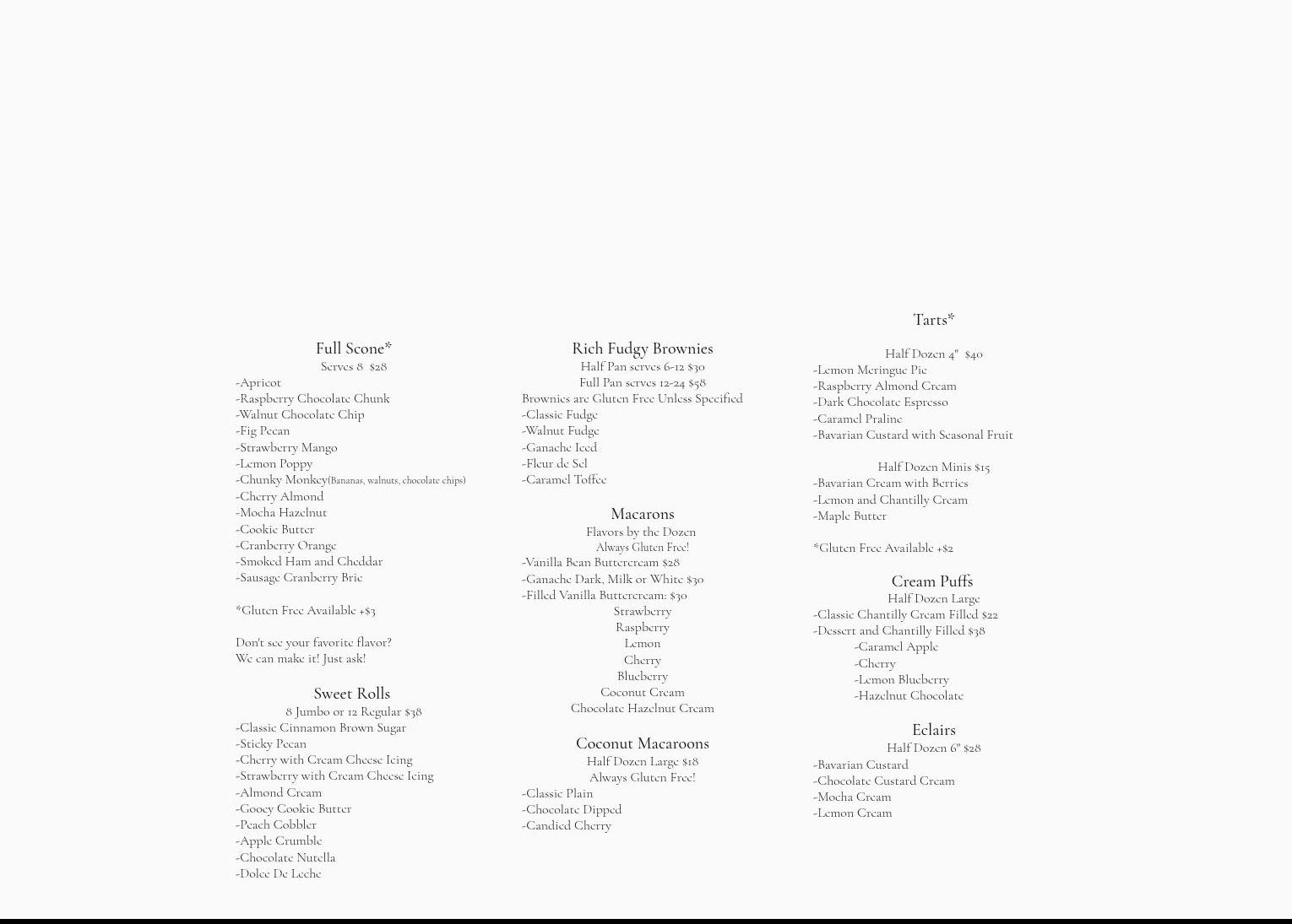 Vanilla Lane Bake Shop Menu