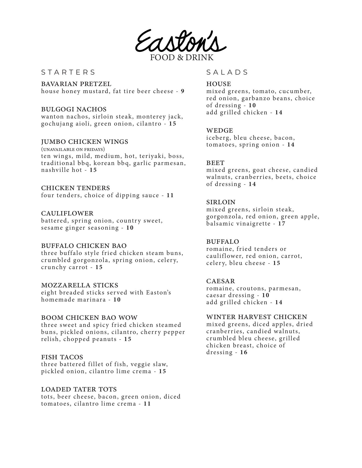 Easton's Food & Drink Menu