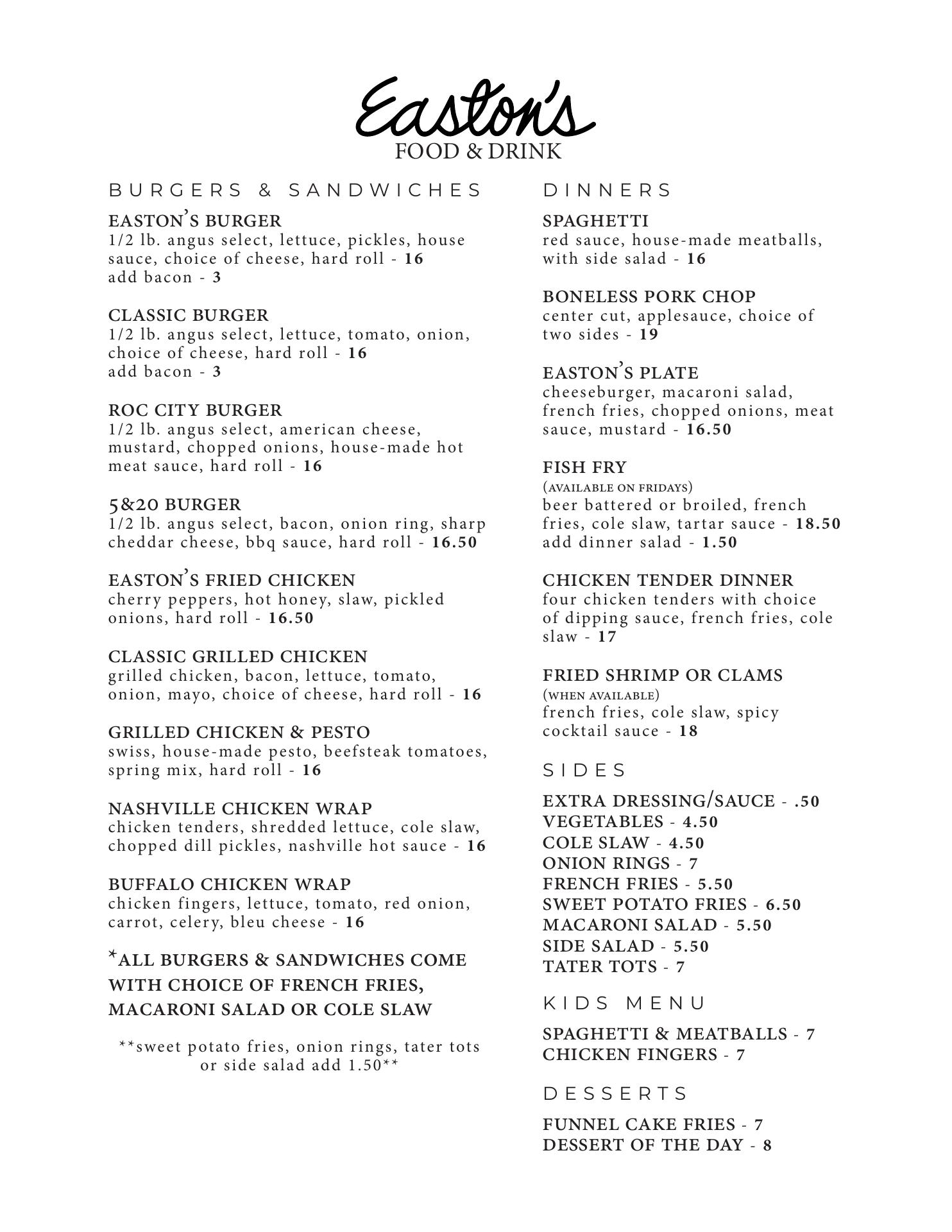 Easton's Food & Drink Menu