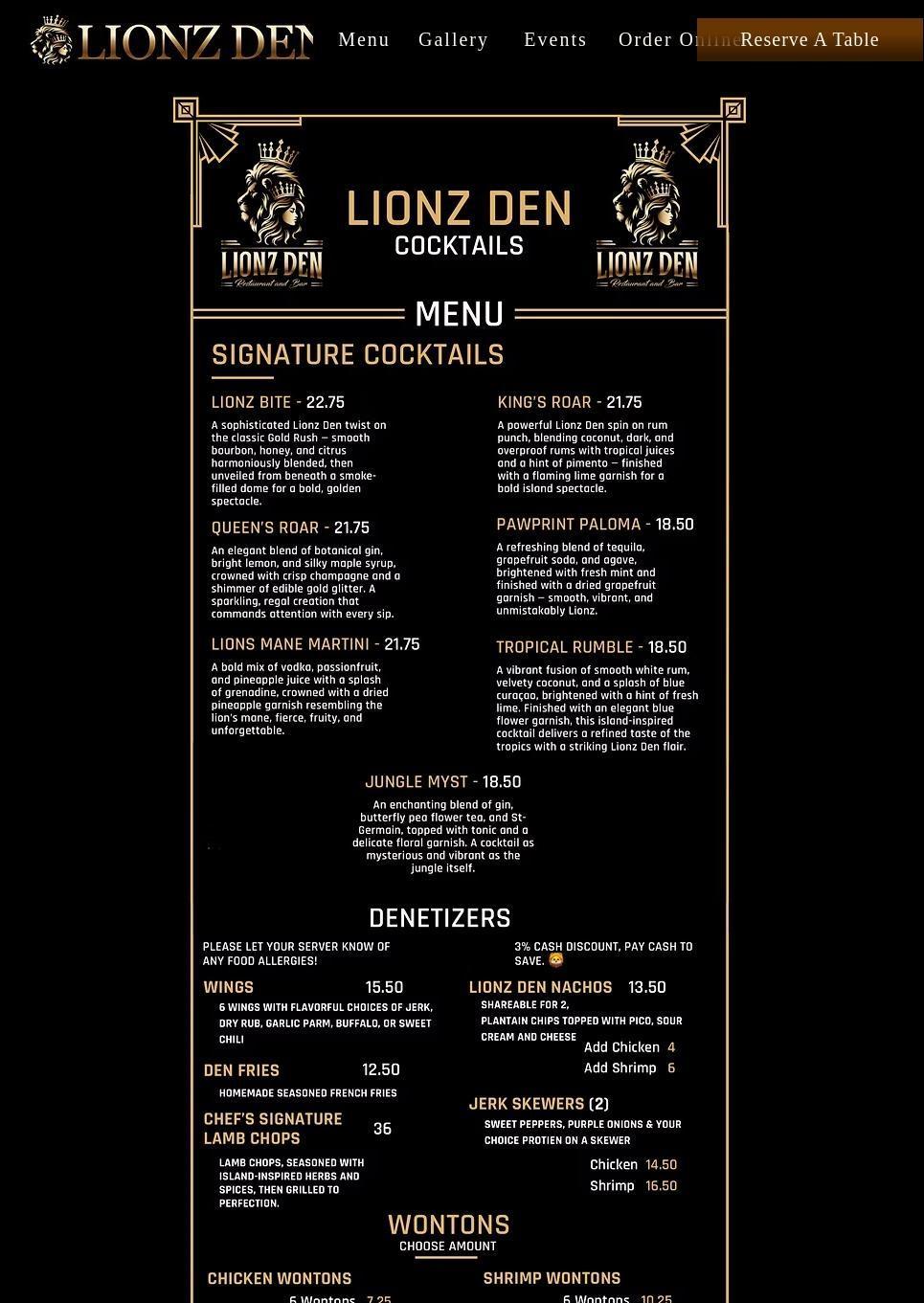 Lionz Den Restaurant and Bar Menu