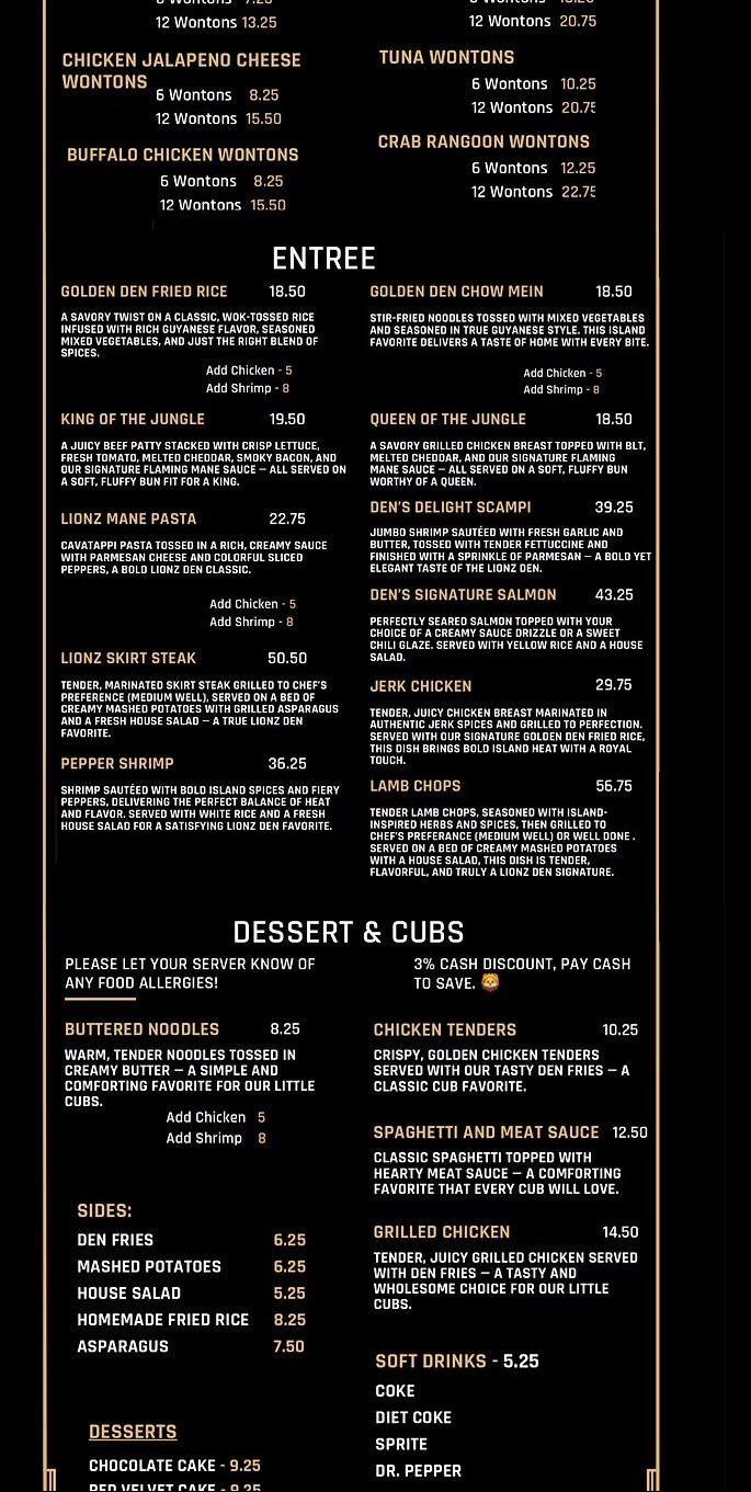 Lionz Den Restaurant and Bar Menu