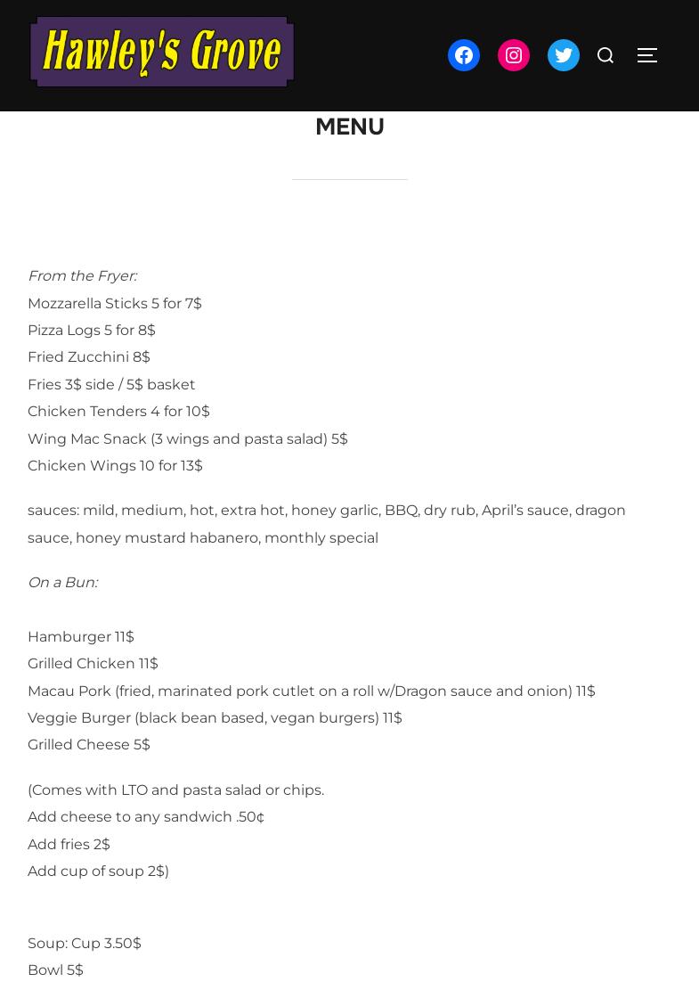 Hawley's Grove Menu