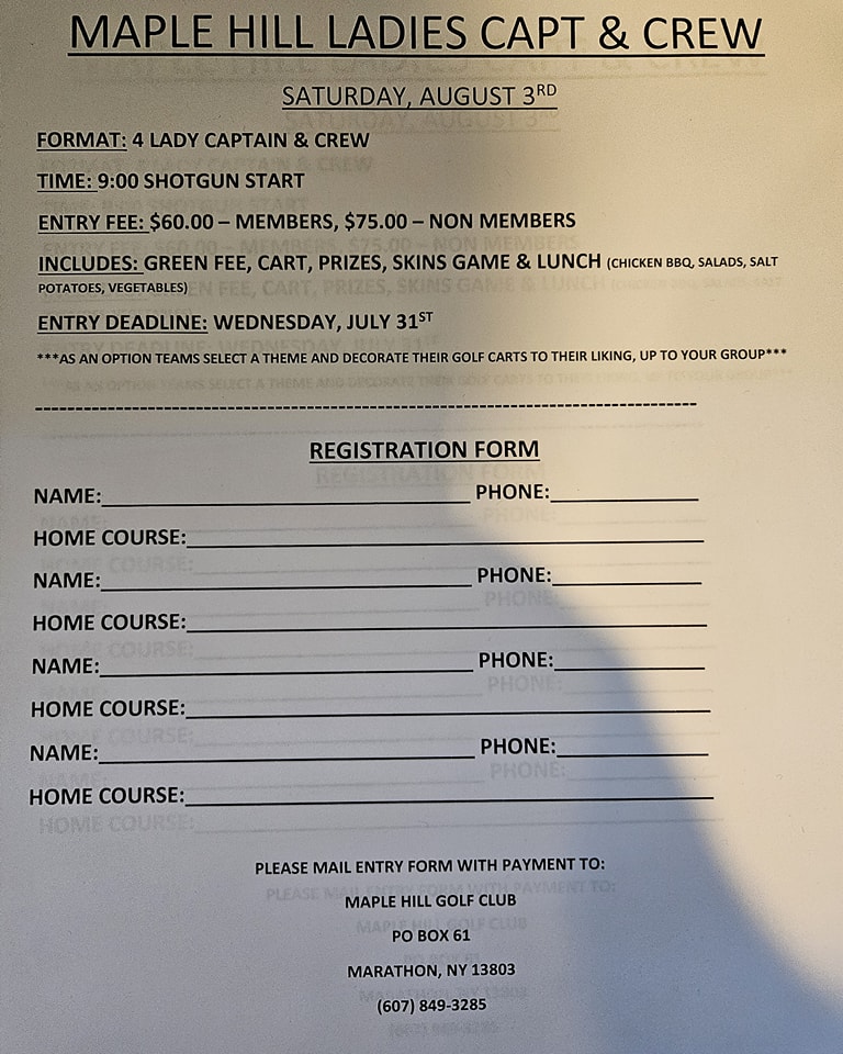 MAPLE HILL GOLF Menu
