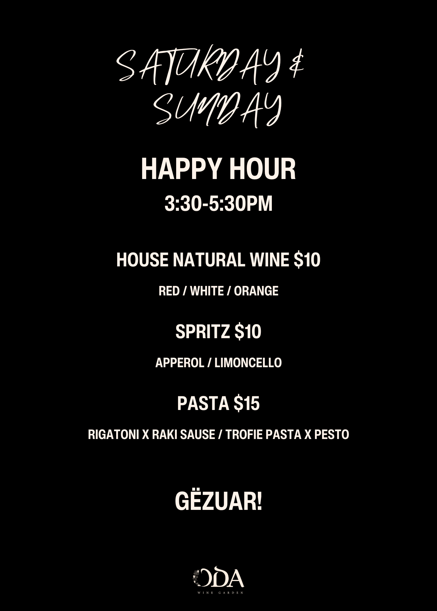 Oda Wine Garden Menu