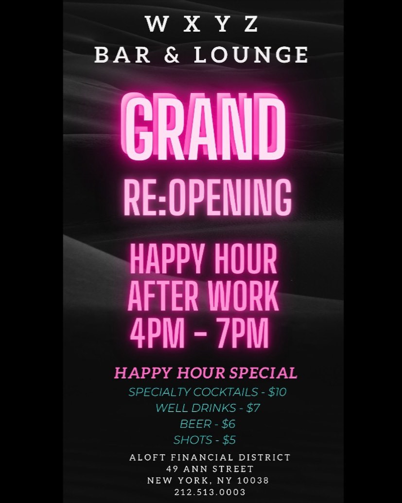 W XYZ Bar and Lounge at Aloft Manhattan Downtown Menu