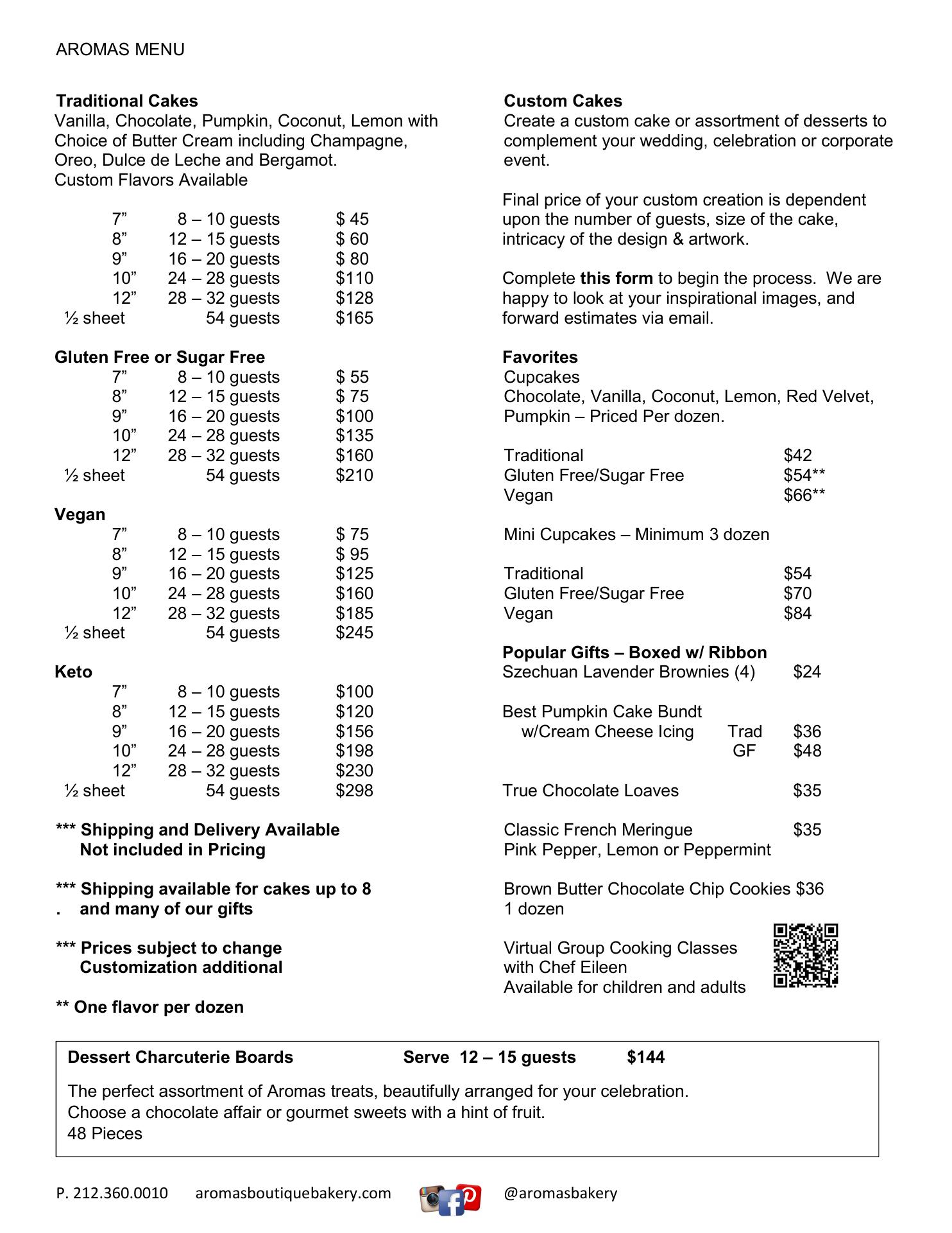Aromas Boutique Bakery Menu