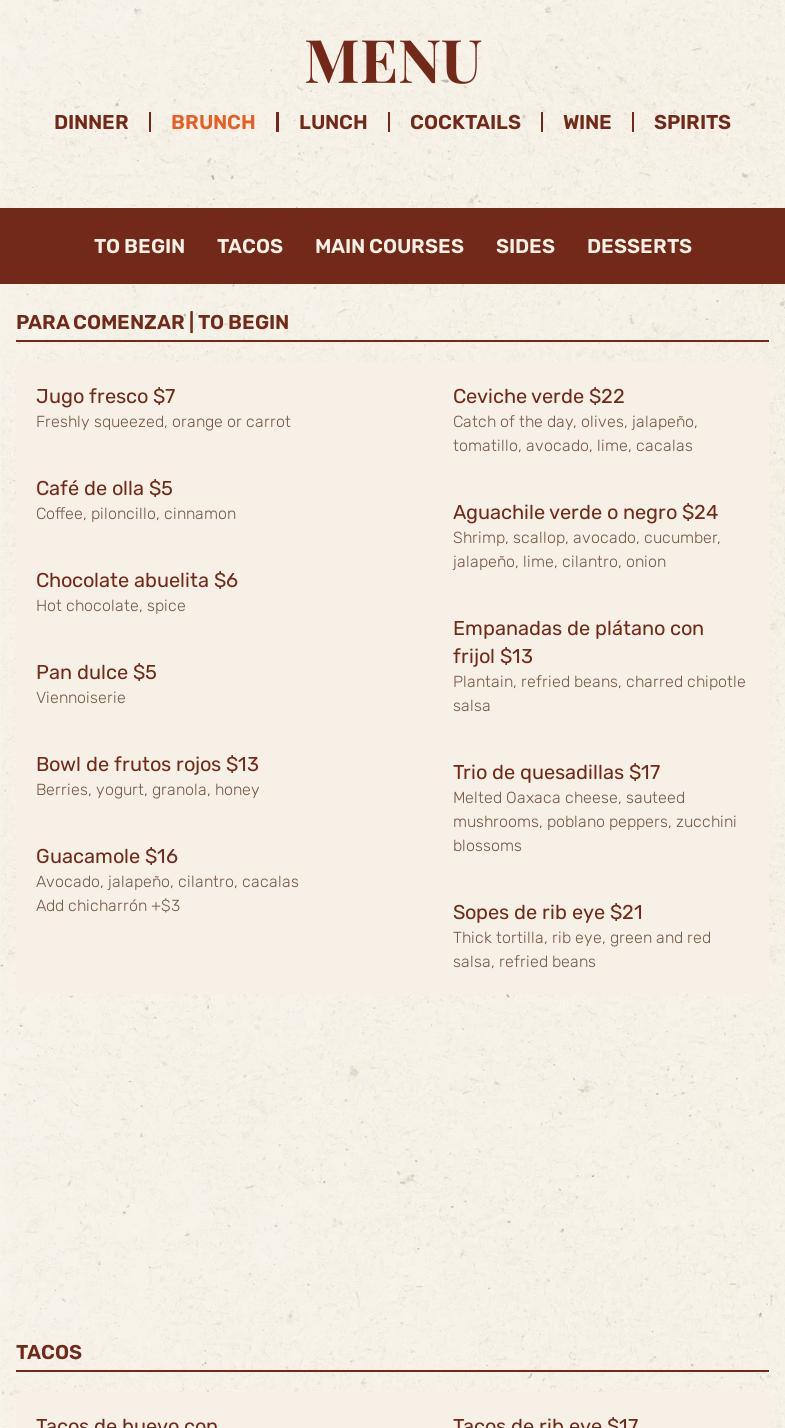 Casa Carmen Flatiron Menu