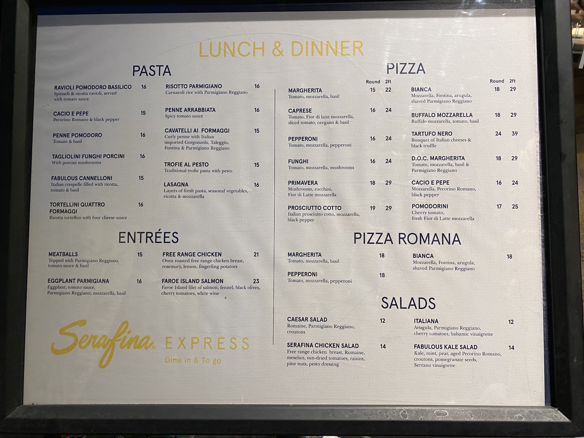 Serafina To Go Menu