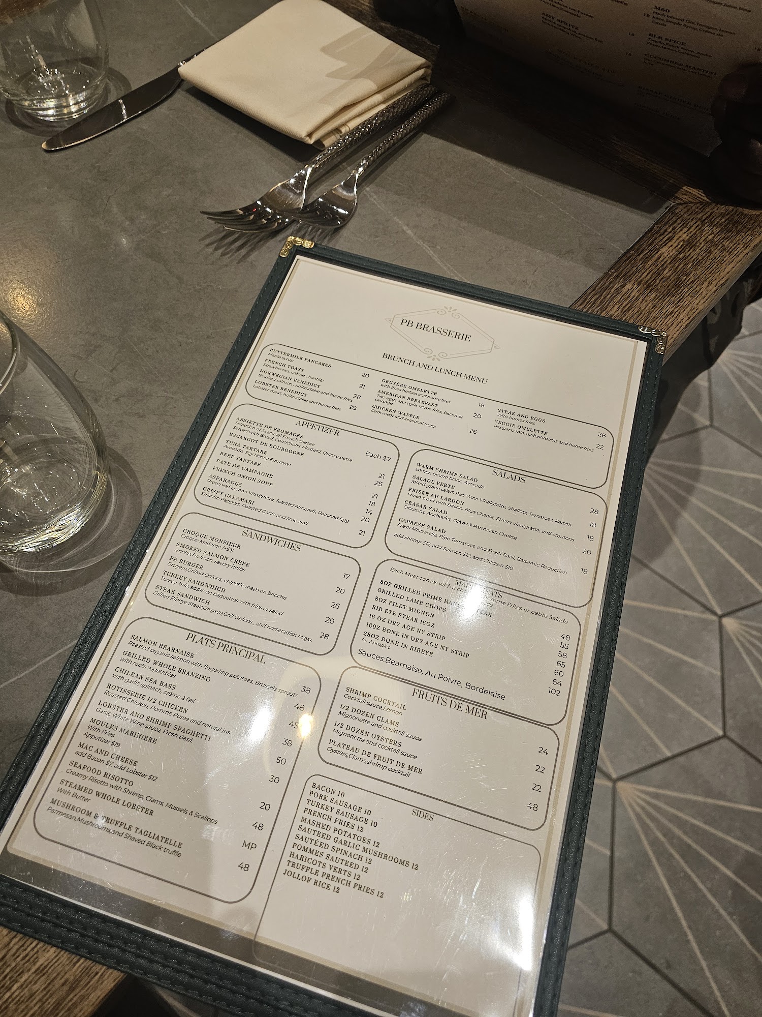 P B Brasserie steak house Menu