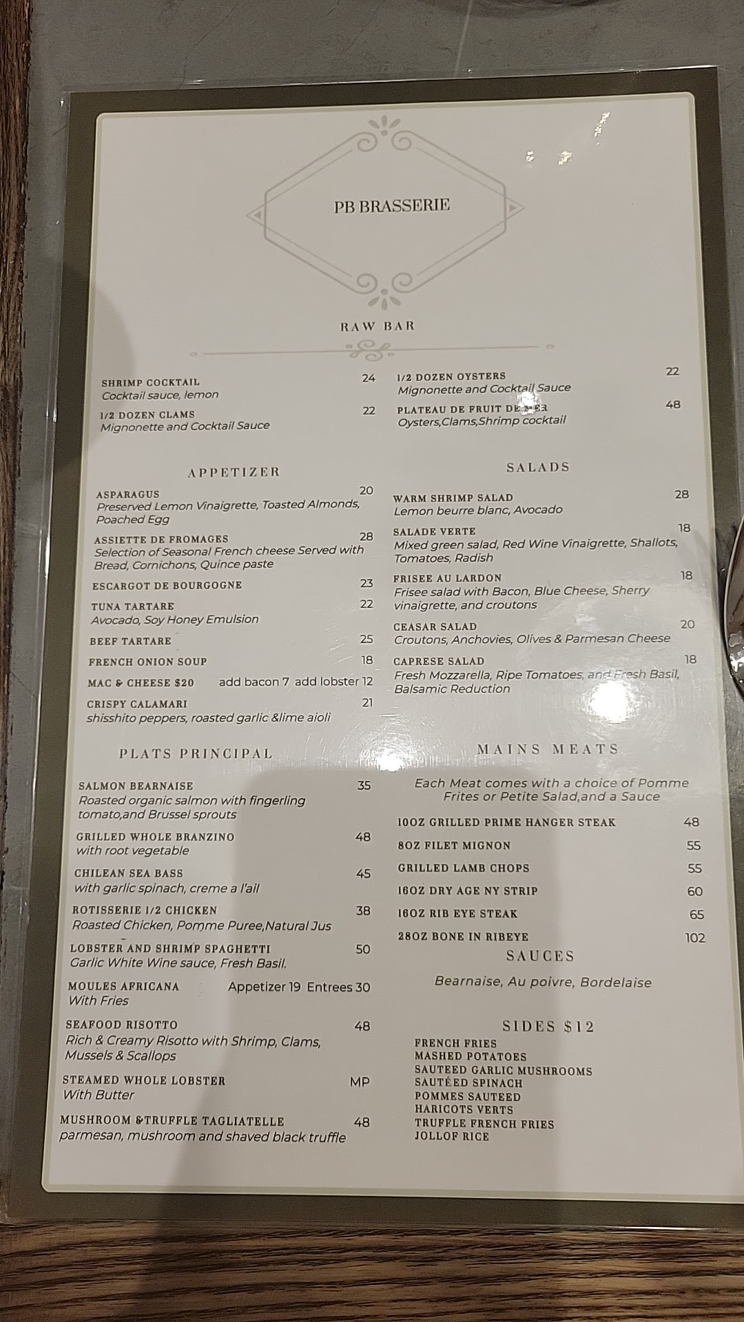 P B Brasserie steak house Menu