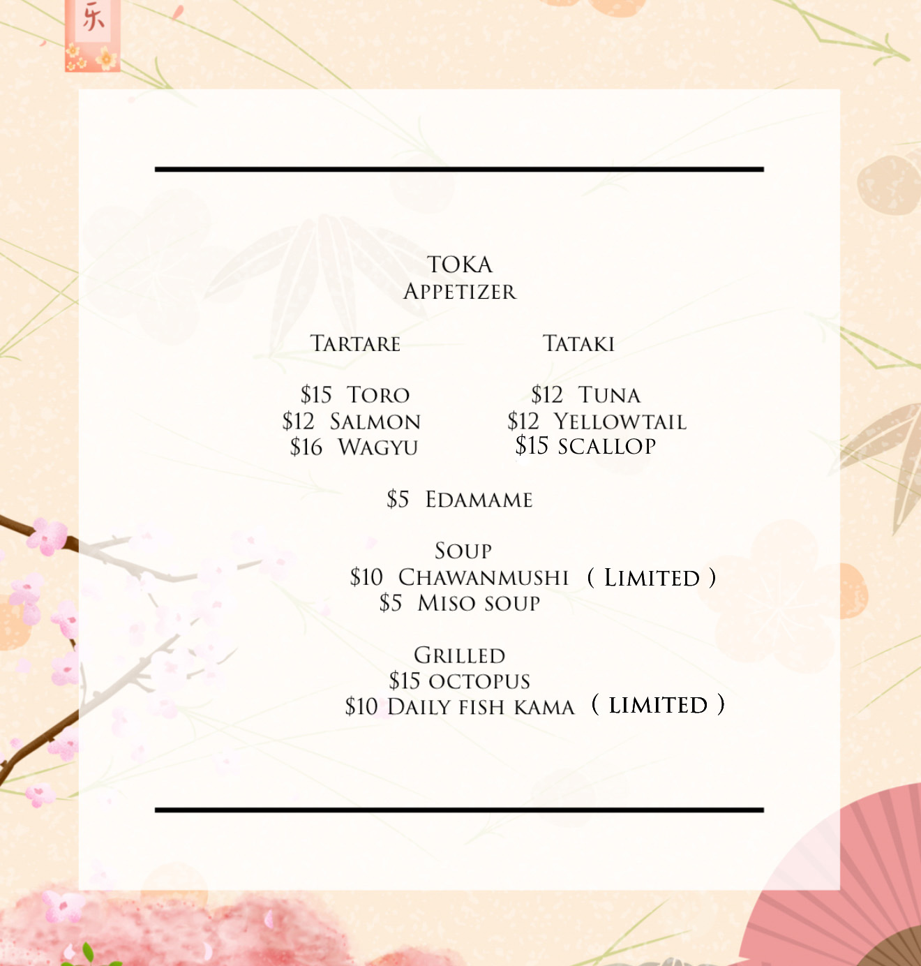 Toka chef kitchen Menu