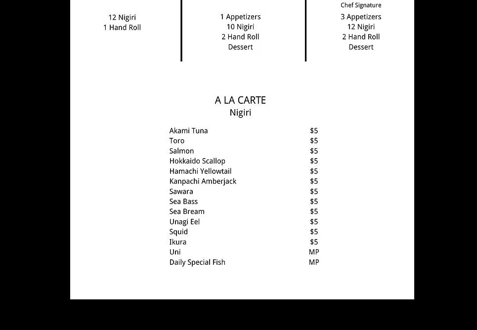 Toka chef kitchen Menu