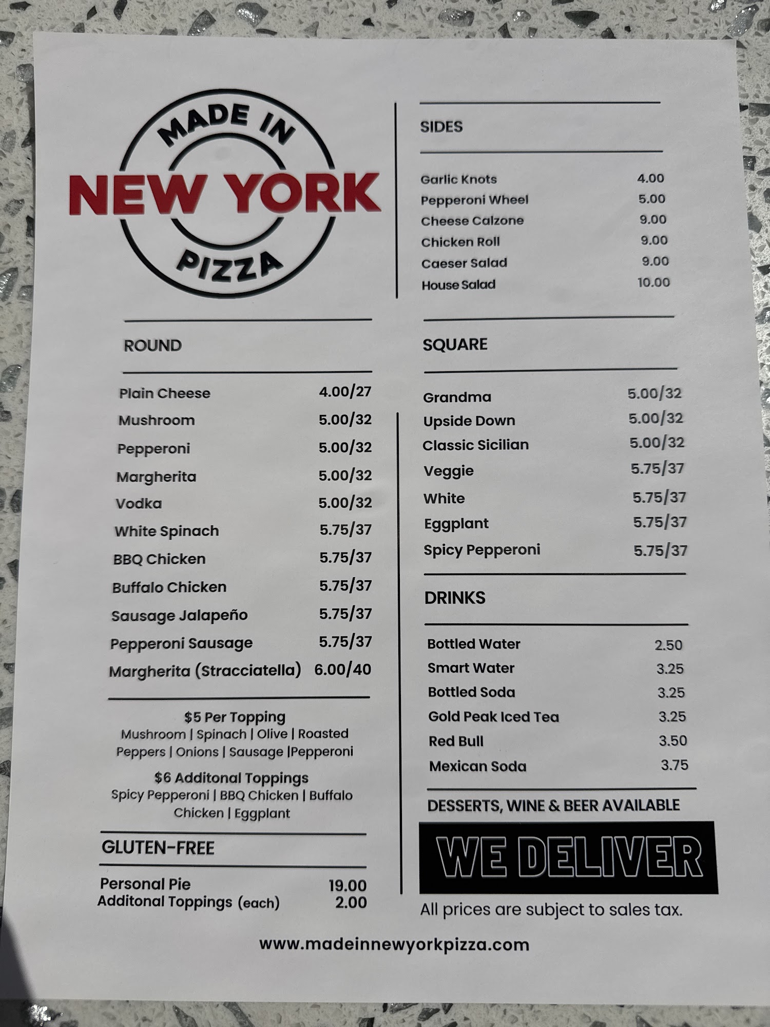Made In New York Pizza Menu