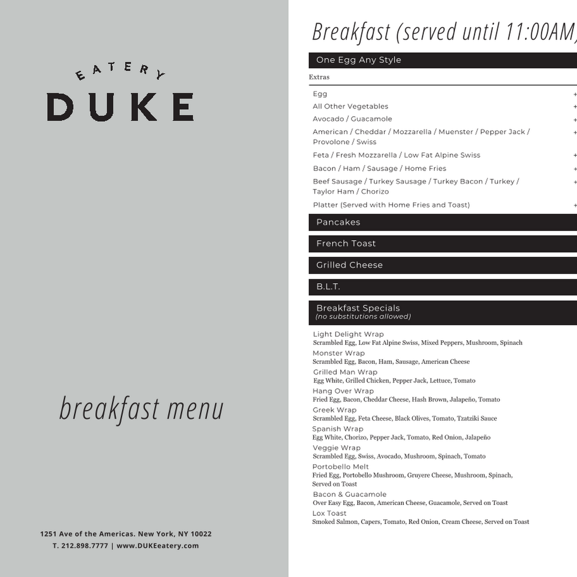 Duke Eatery - Rockefeller Center Menu