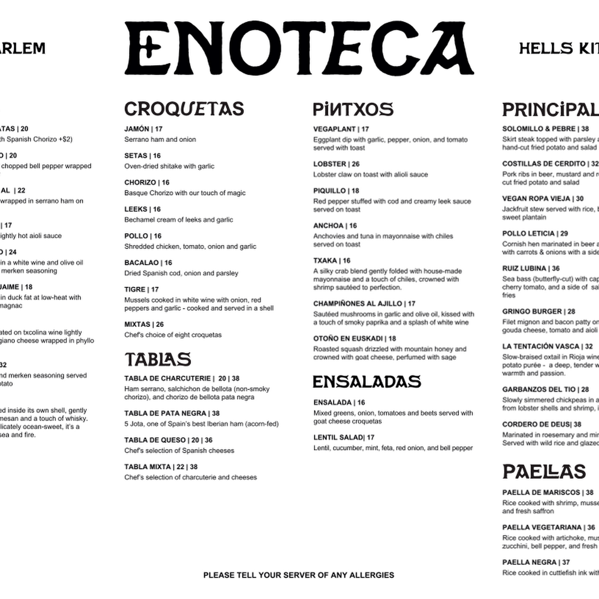 Enoteca Menu