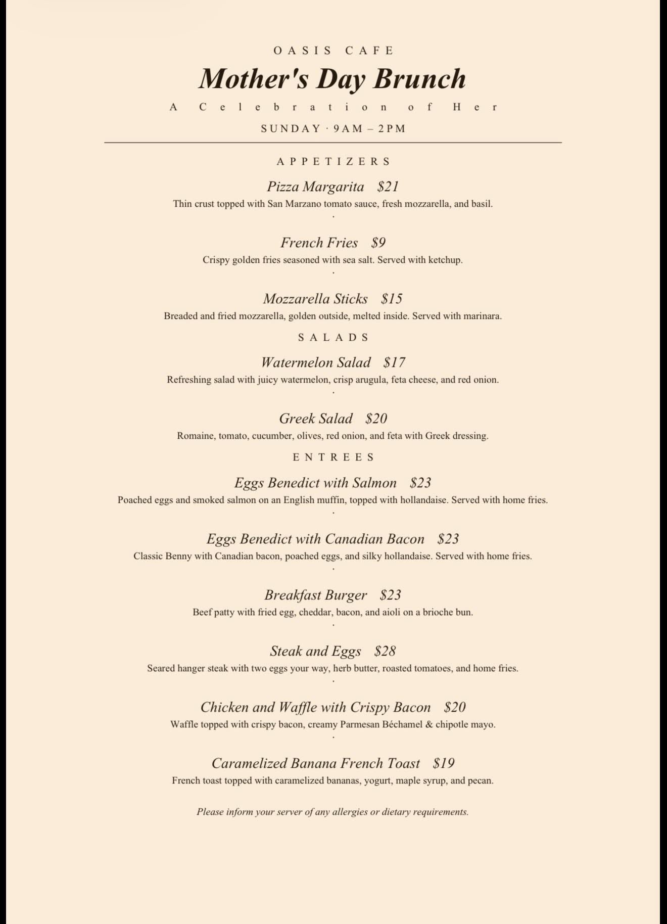 The Oasis Cafe Menu
