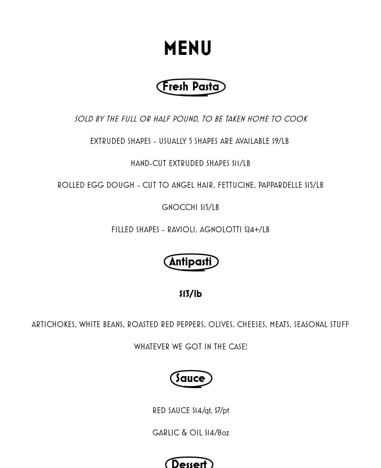 Bivona's Simply Pasta Menu