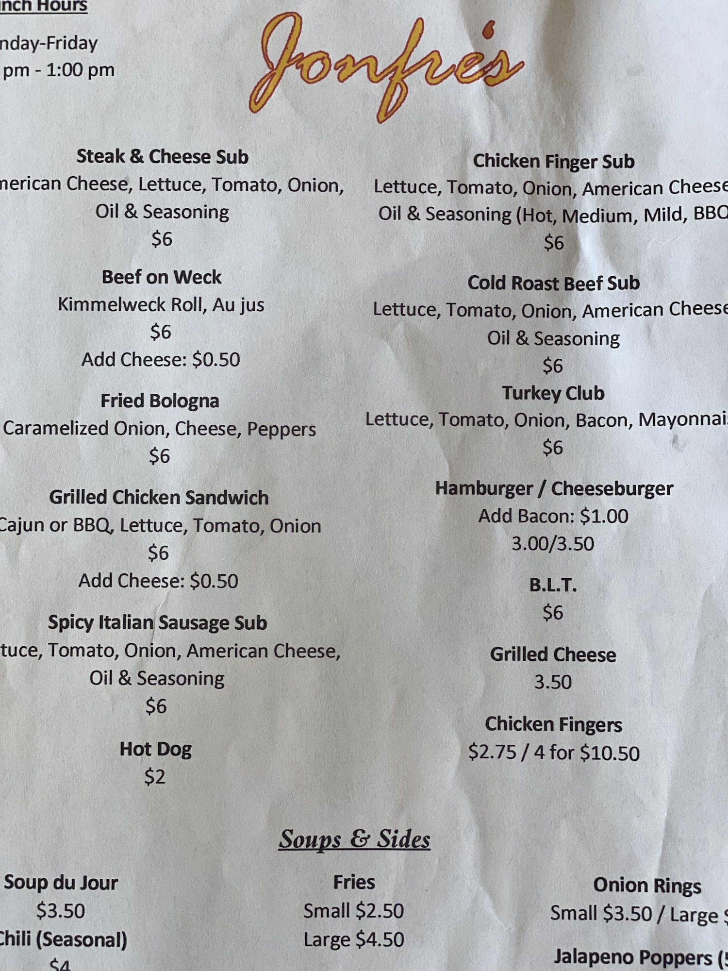 Jon Fre's Restaurant Menu