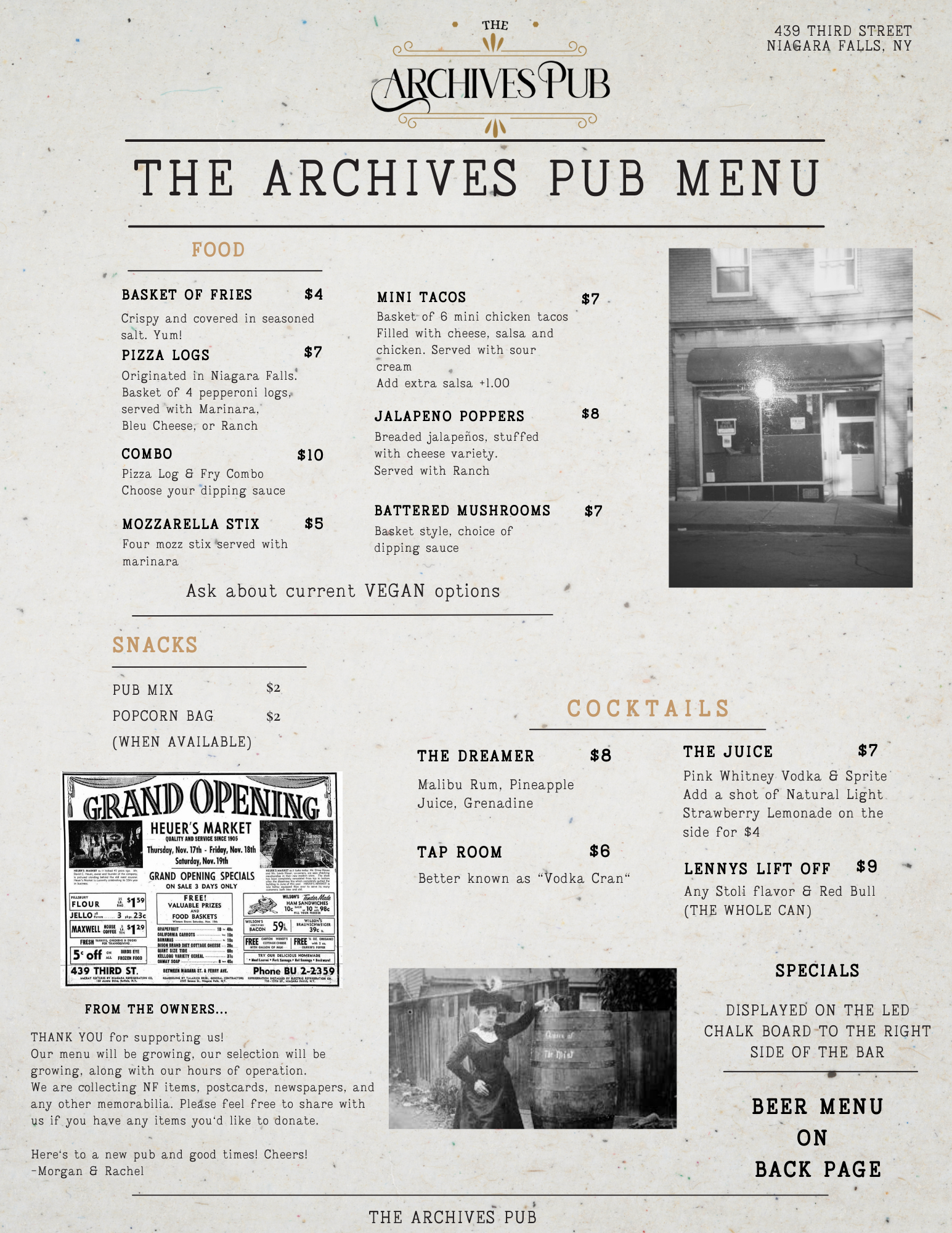 The Archives Pub Menu