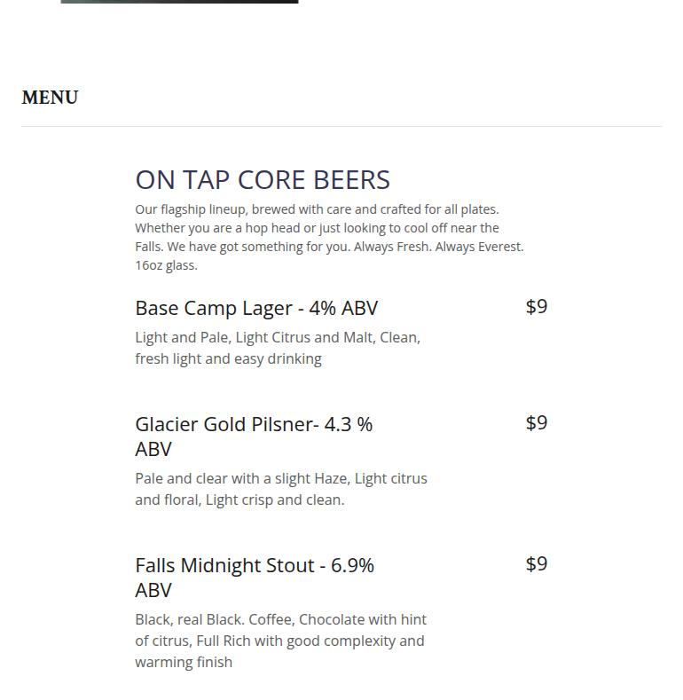 Everest Microbrewery Menu