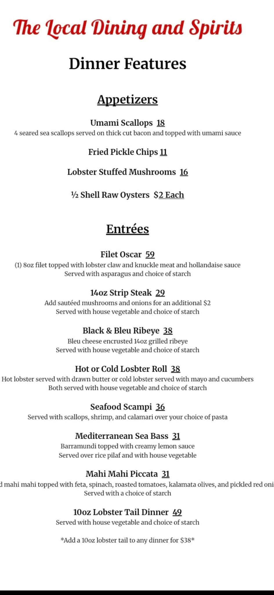 The Local Five and Dine Menu