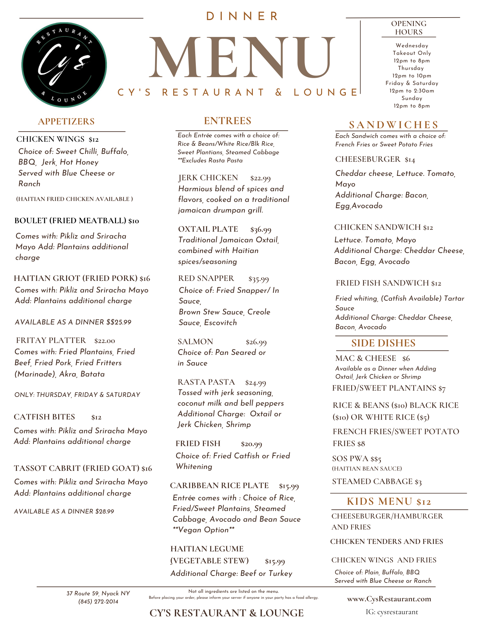 Cy's Restaurant & Lounge Menu
