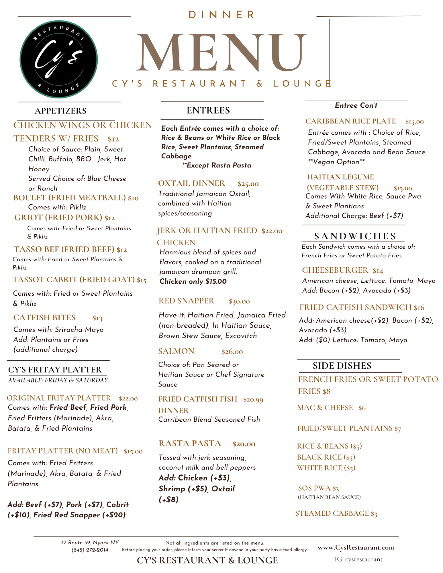 Cy's Restaurant & Lounge Menu