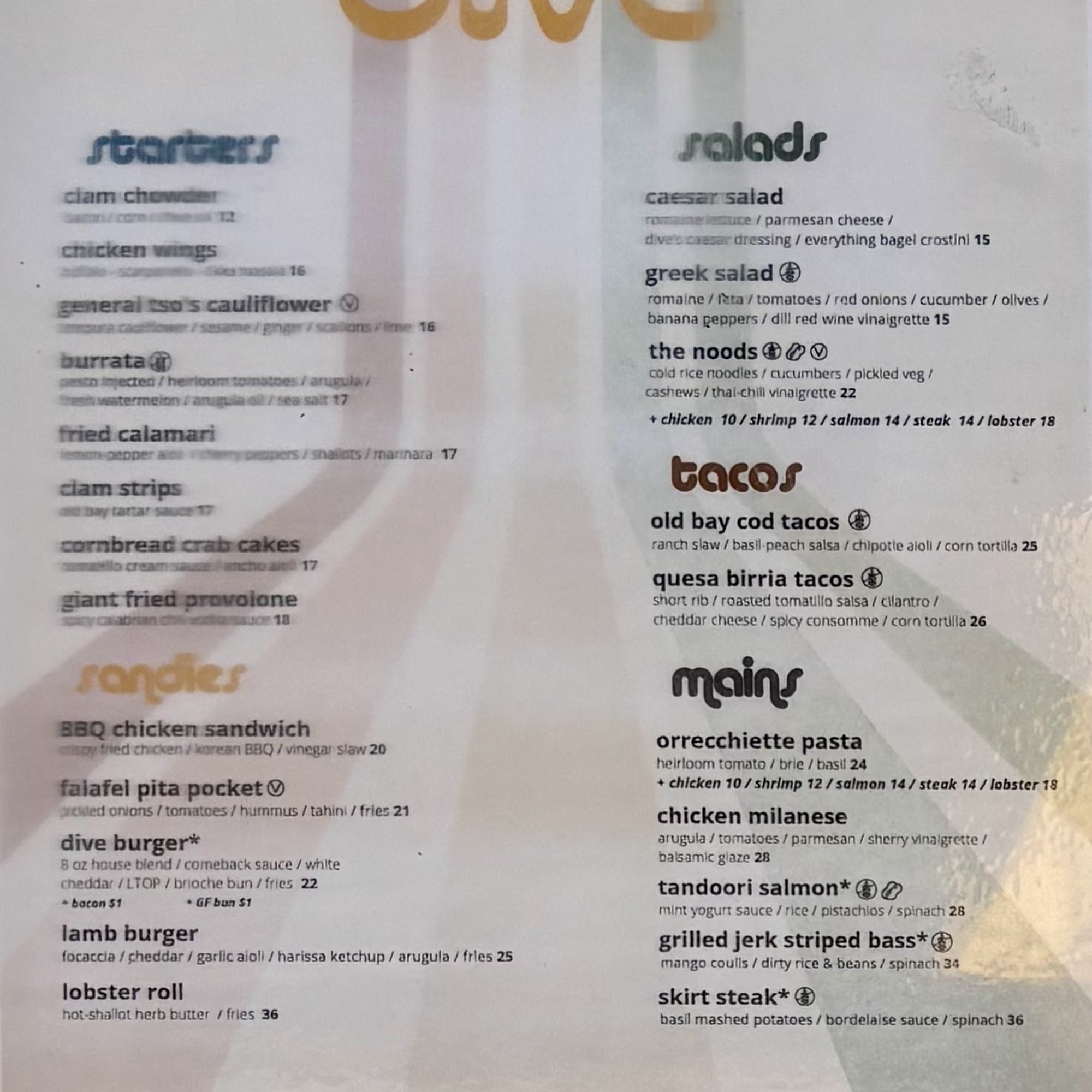 DIVE OCEAN BEACH Menu