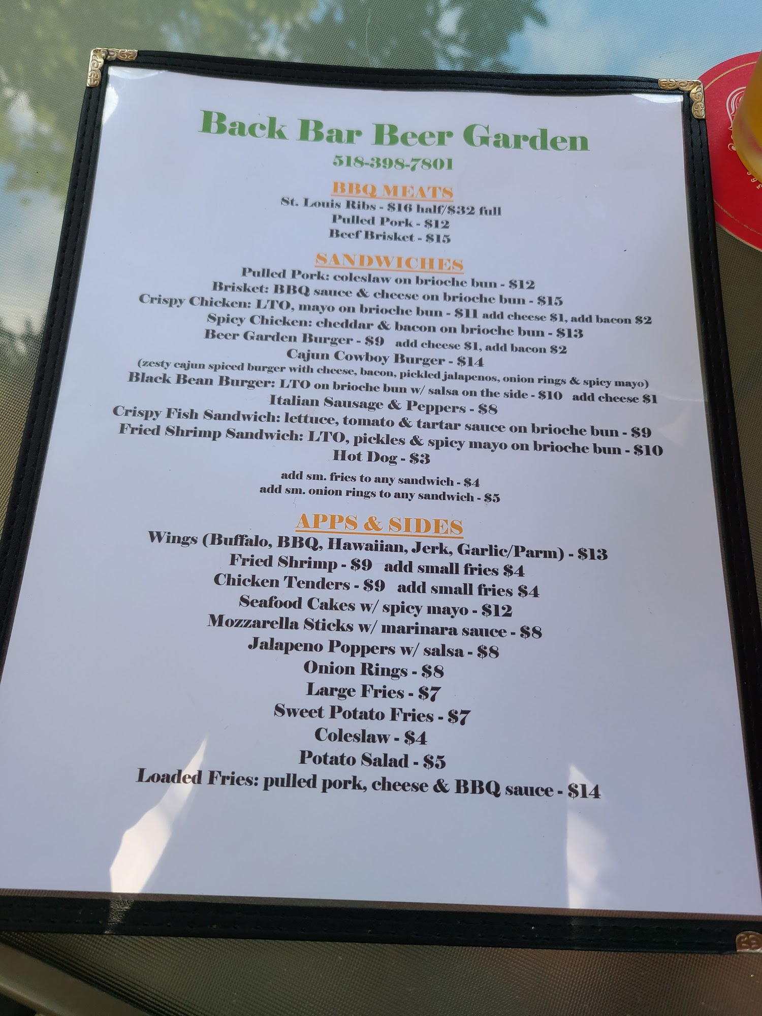 Back Bar Beer Garden & The Cabin Menu