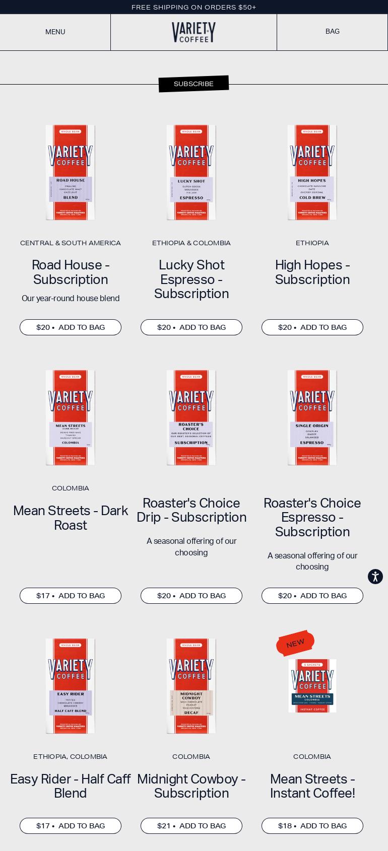 Variety Coffee Roasters Menu