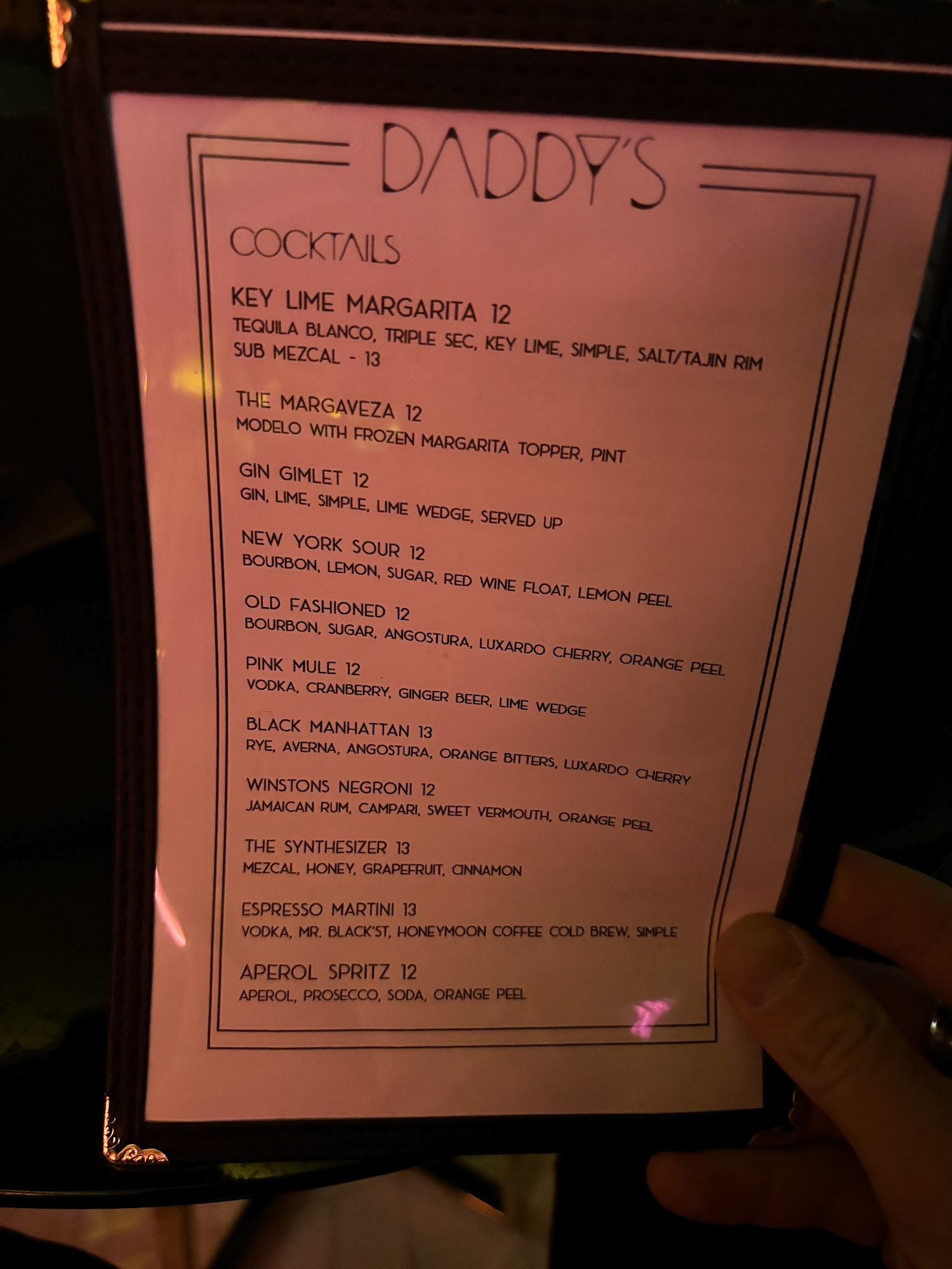 Daddy’s Bar Menu