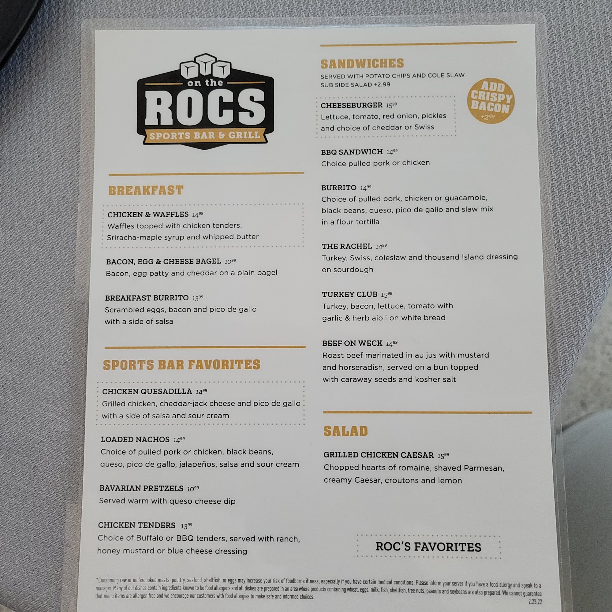 On The Rocs Menu