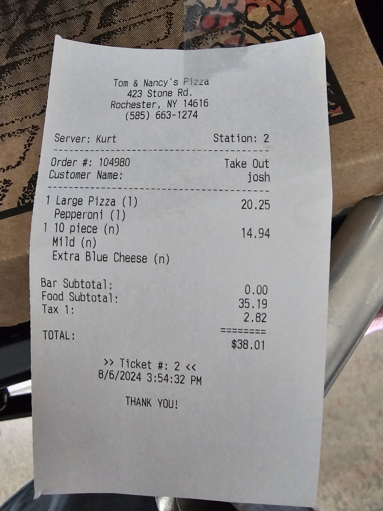 Tom & Nancy's Pizza Menu