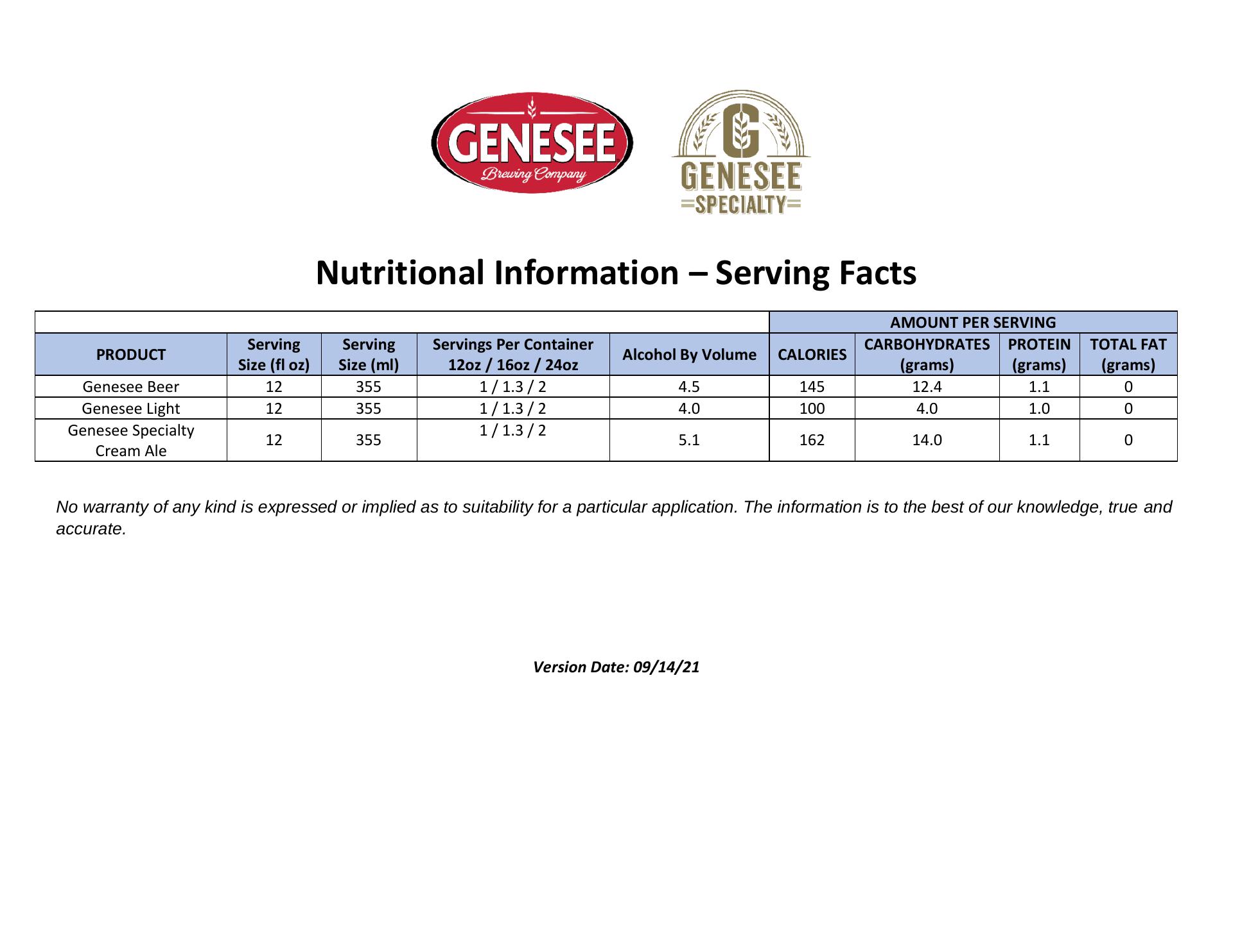 Genesee Beer & Ale Menu