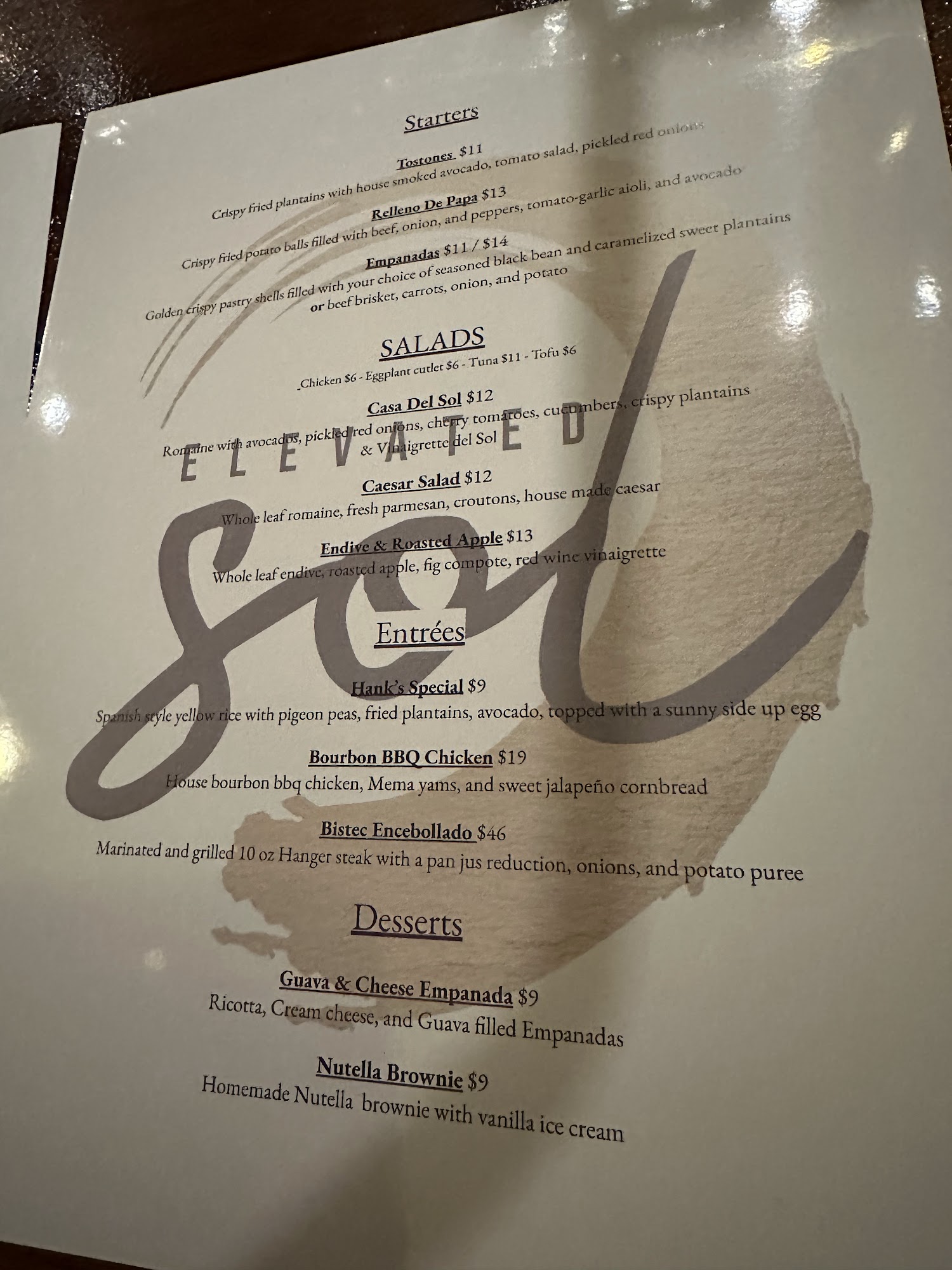 Elevated Sol Menu