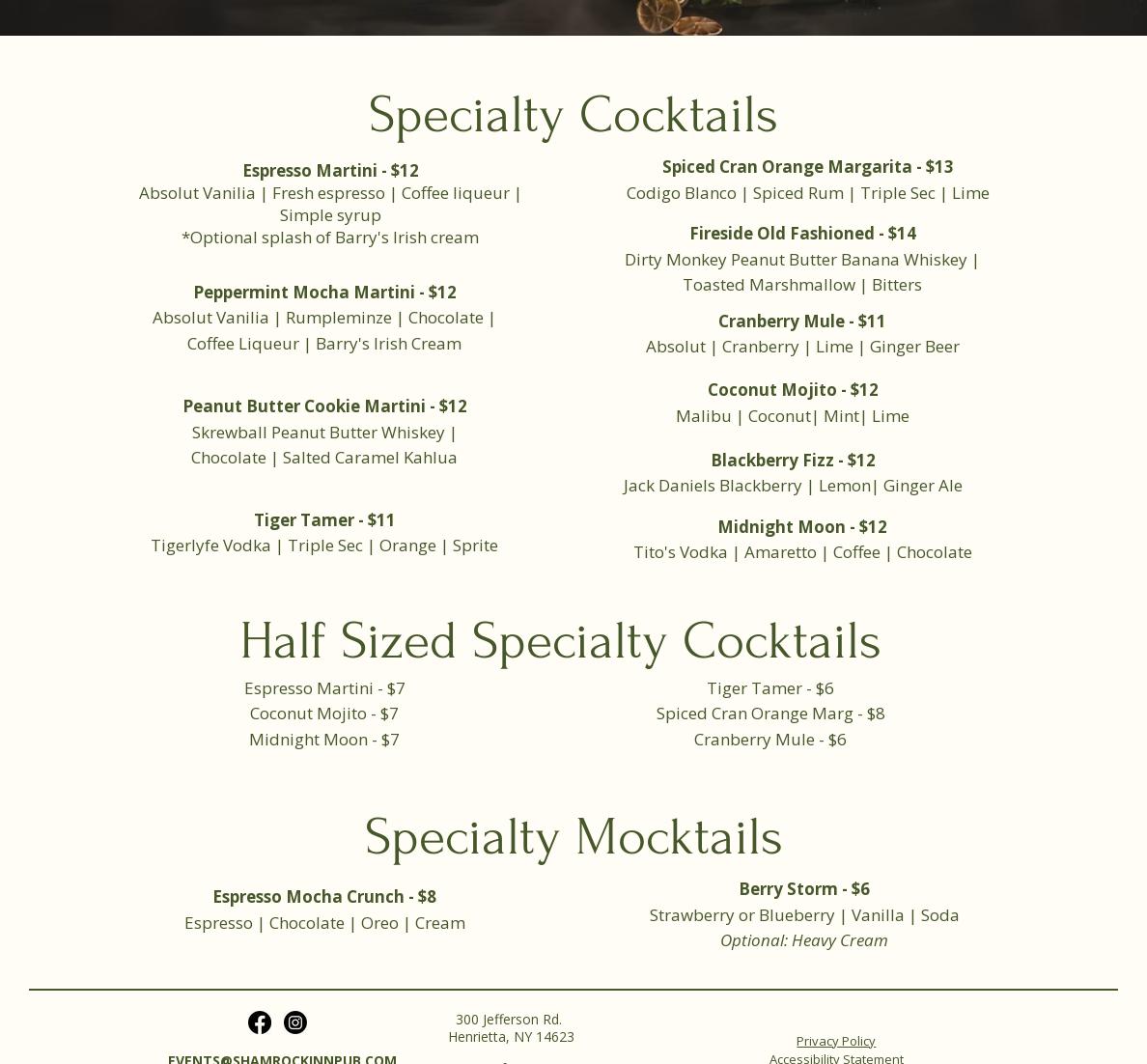 The Shamrock Inn Menu