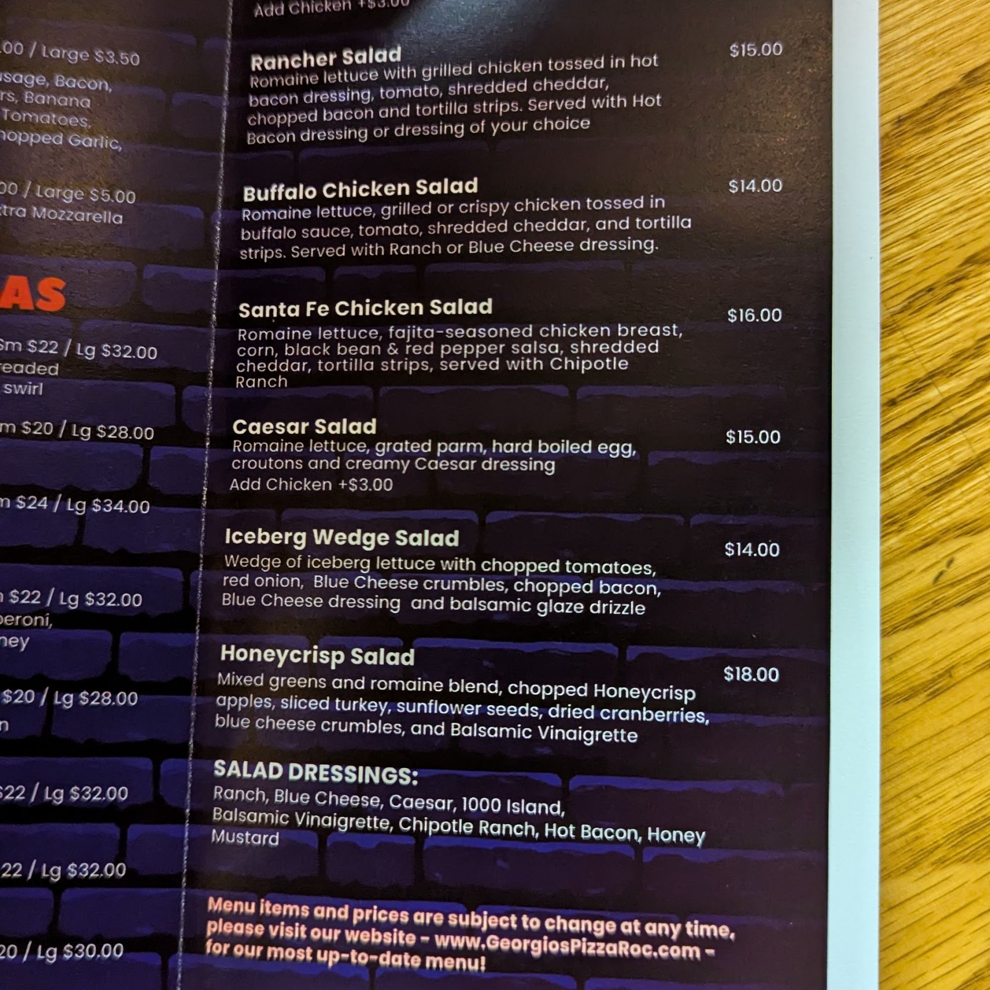 Georgio's Pizza Menu