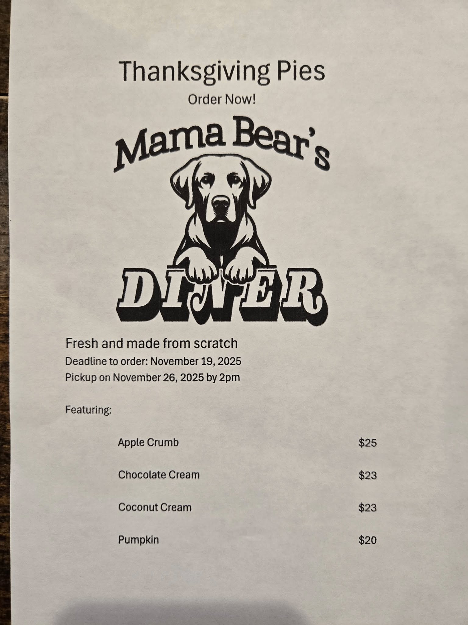 Mama Bear's Diner Menu
