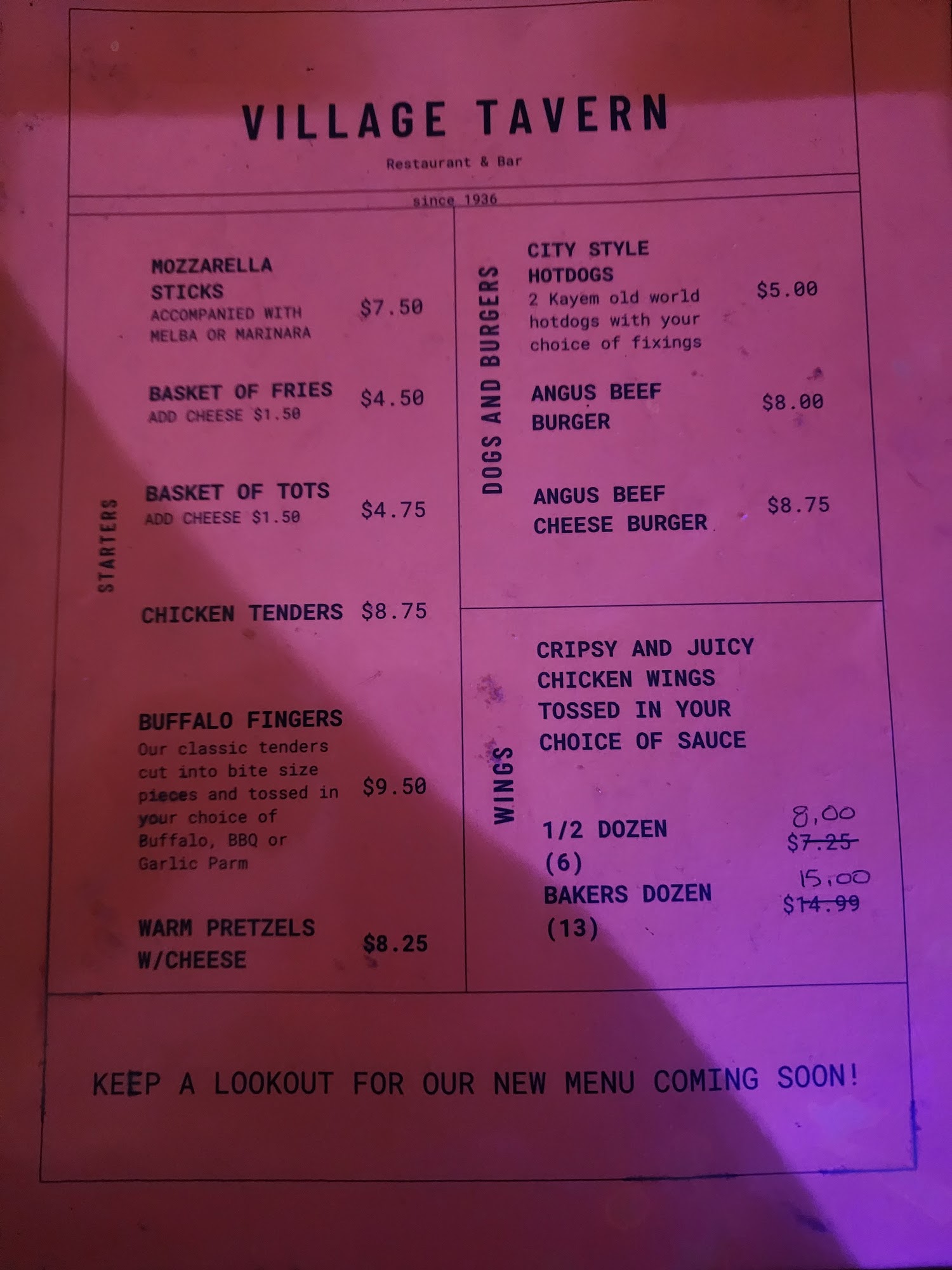 Village Tavern Menu