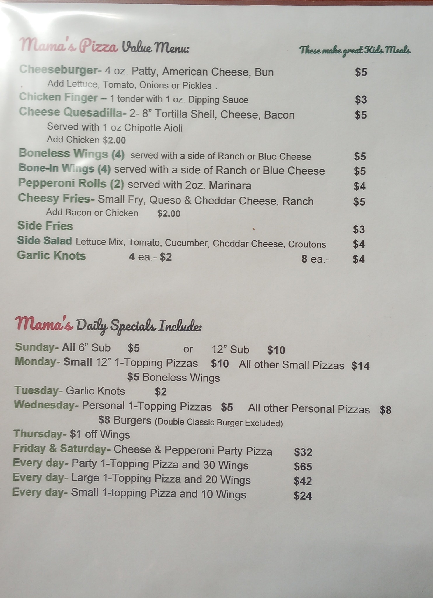 Mama's Main Street Pizza Menu
