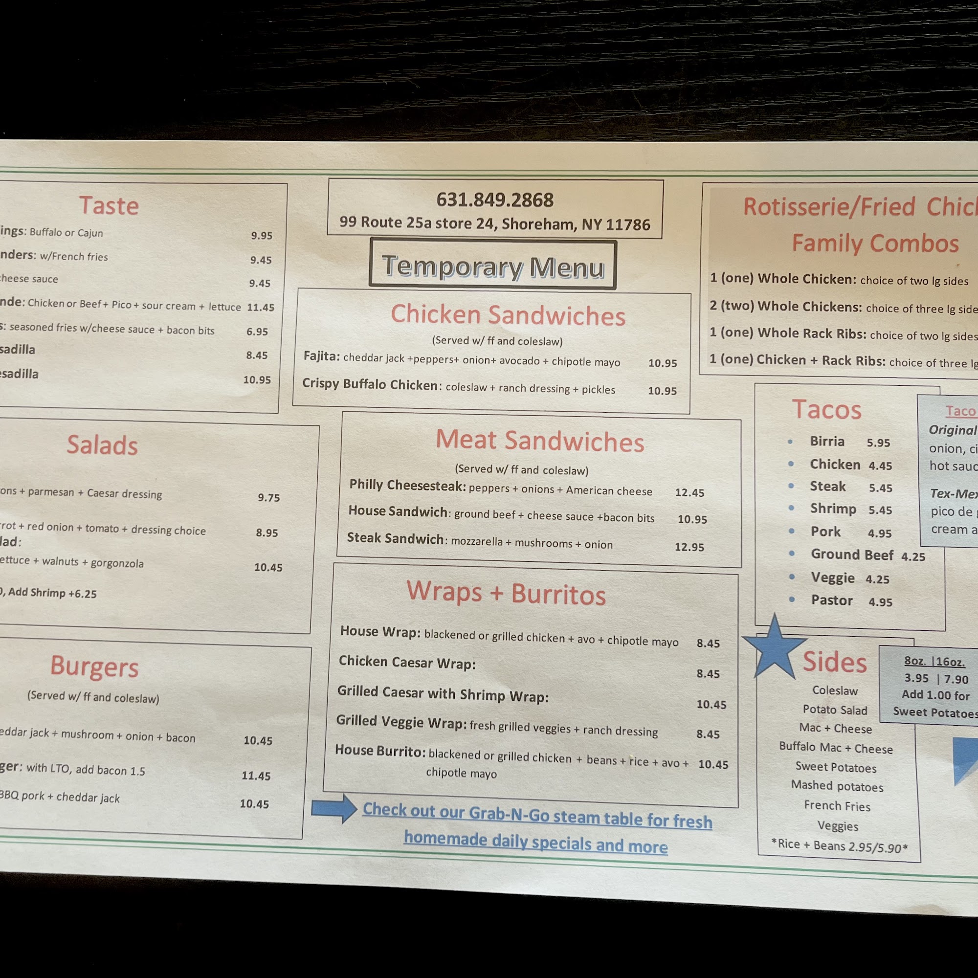 Chicken + Tacos Menu