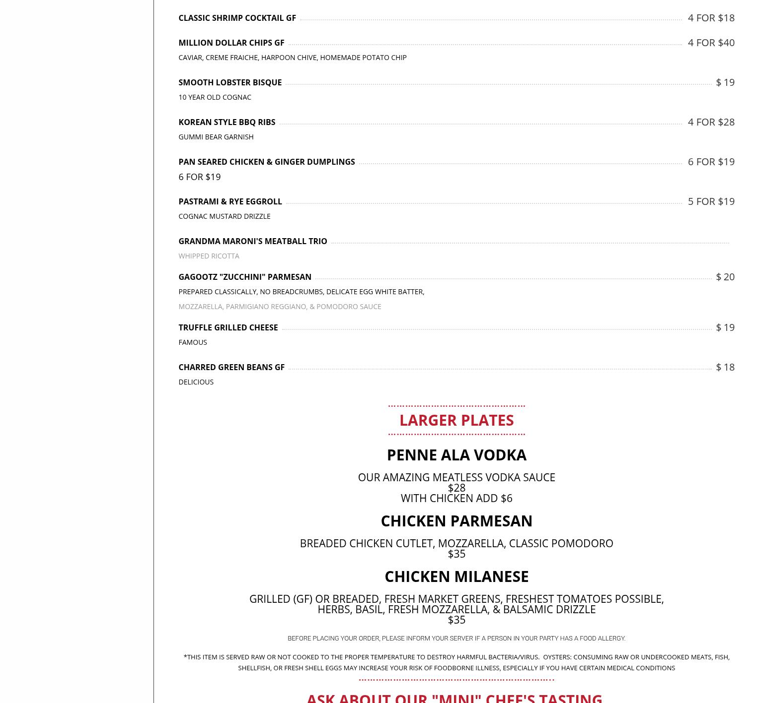 Maroni Southold Menu