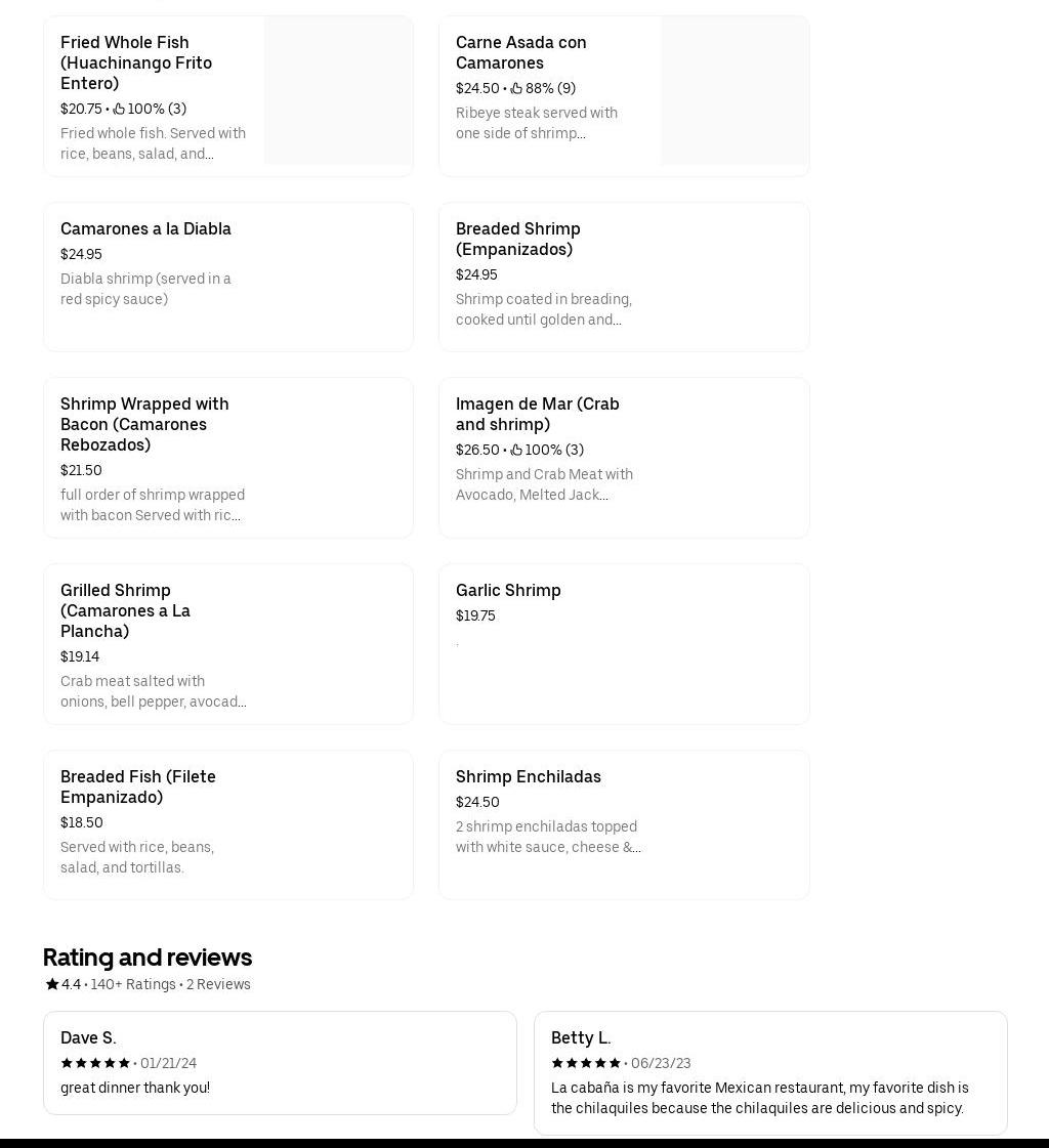 La Cabana Restaurant Menu