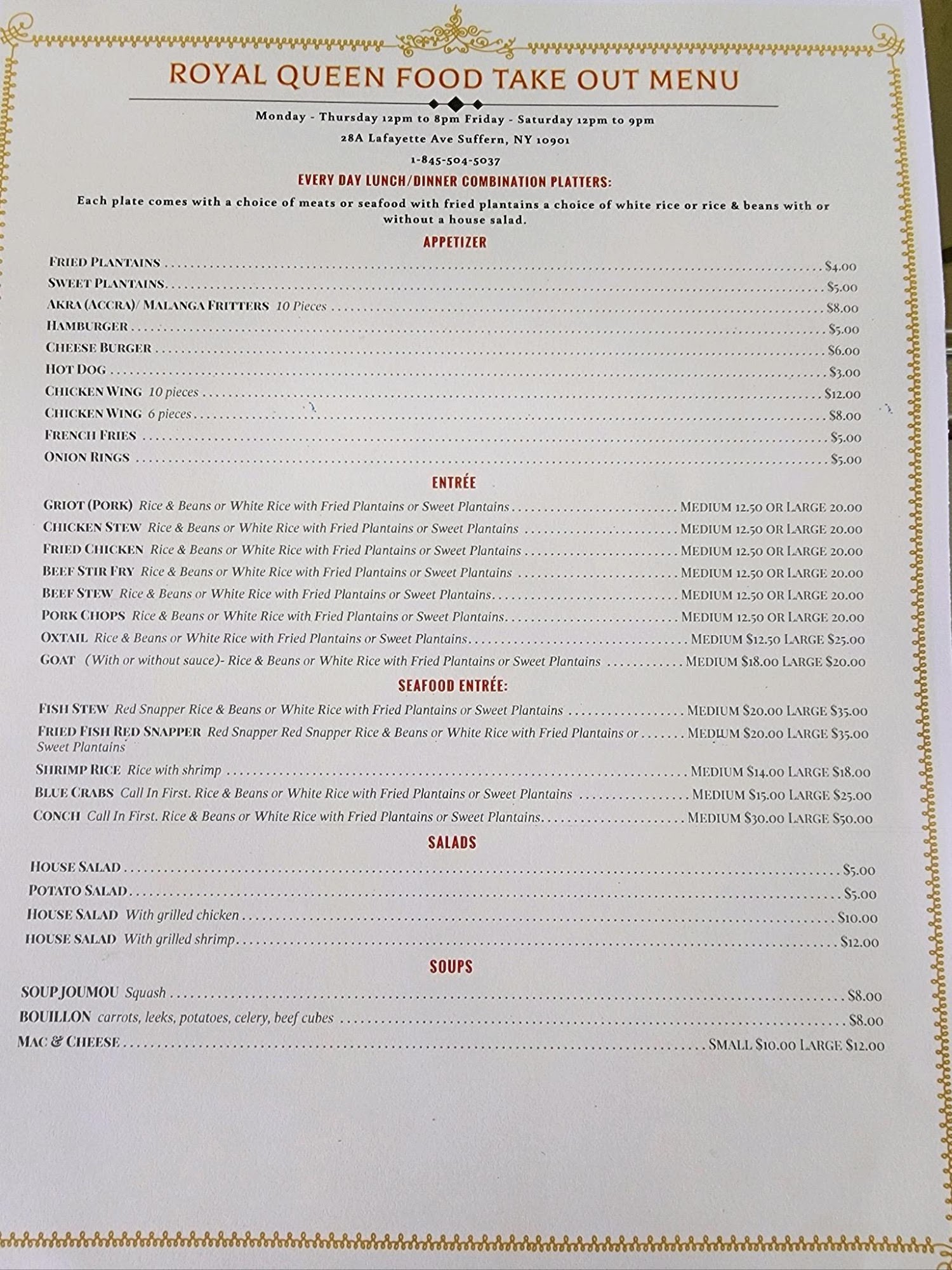 Royal Queen Food Take Out Menu