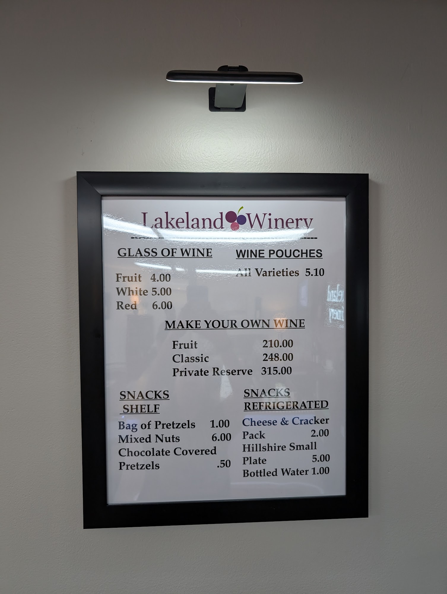 Lakeland Winery Menu