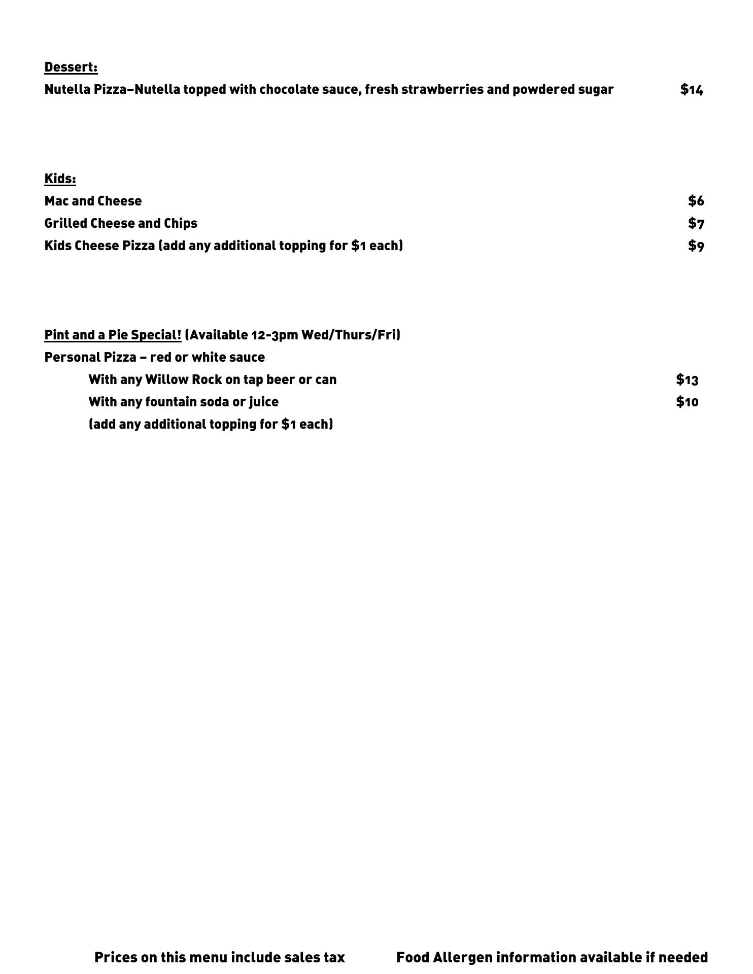 Willow Rock Brewing Company Menu